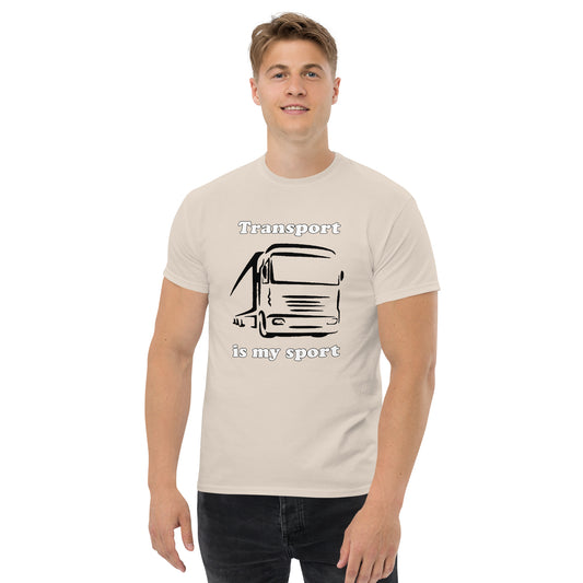Man with natural t-shirt with picture of truck and text "Transport is my sport"