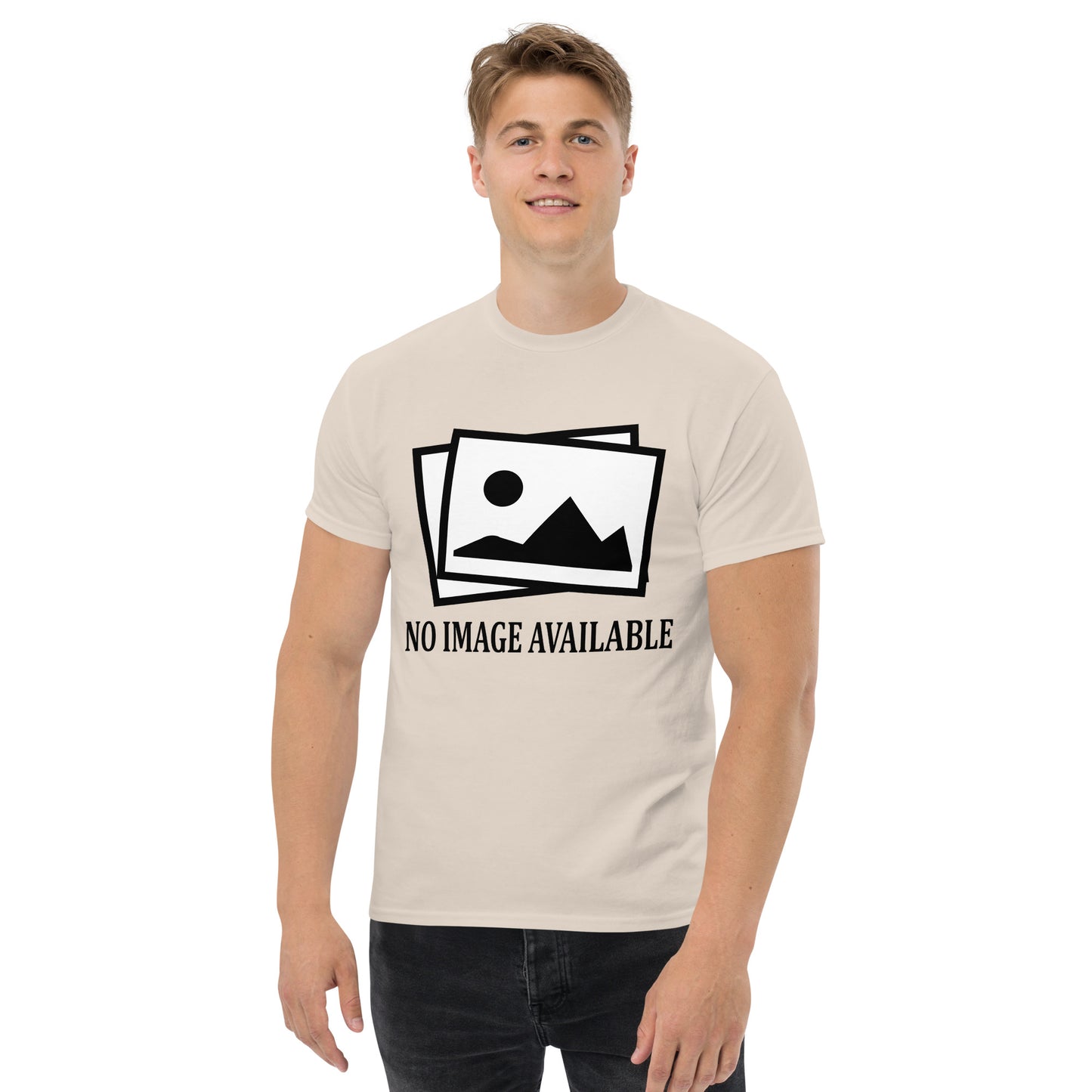 Men with white t-shirt with image and text "no image available"
