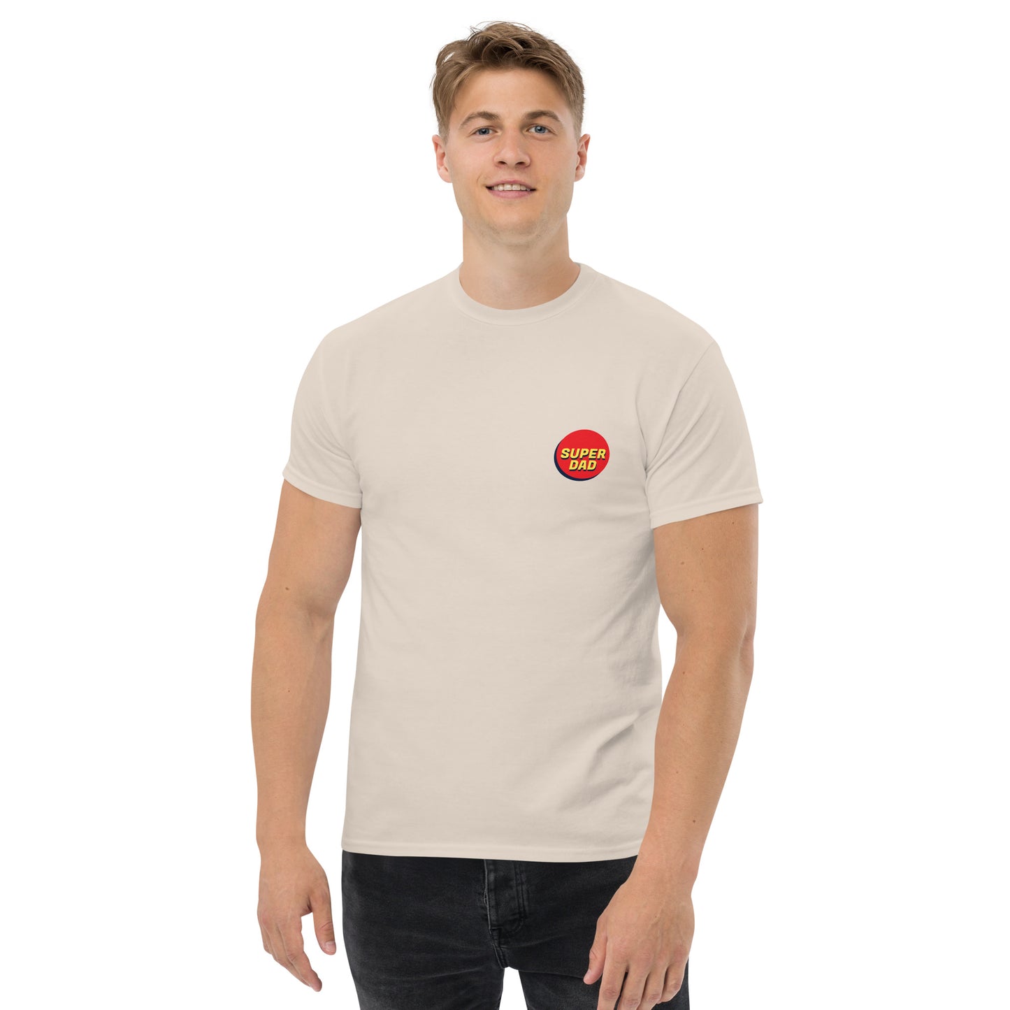 Men with natural T-shirt and Super dad logo on the front