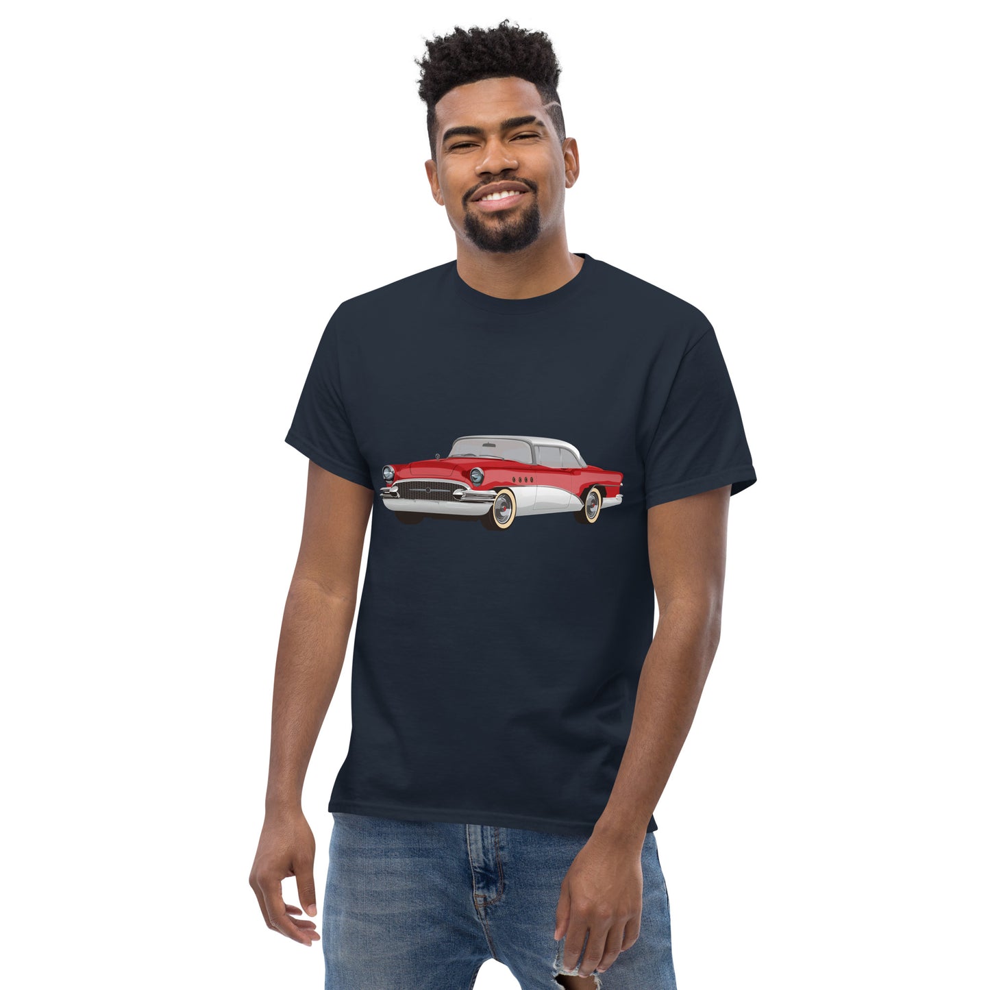Men with navy blue t-shirt with red Chevrolet 