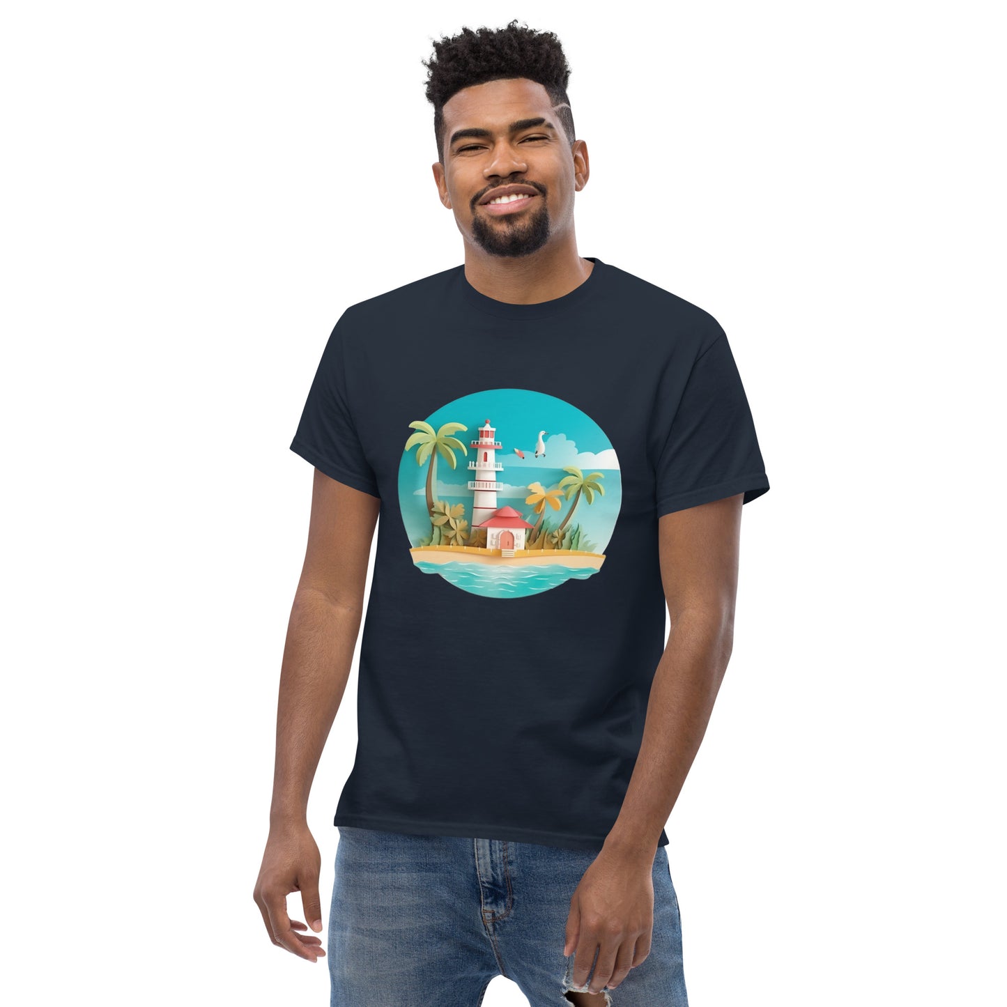 Man with navy blue t-shirt with picture of lighthouse and palm trees