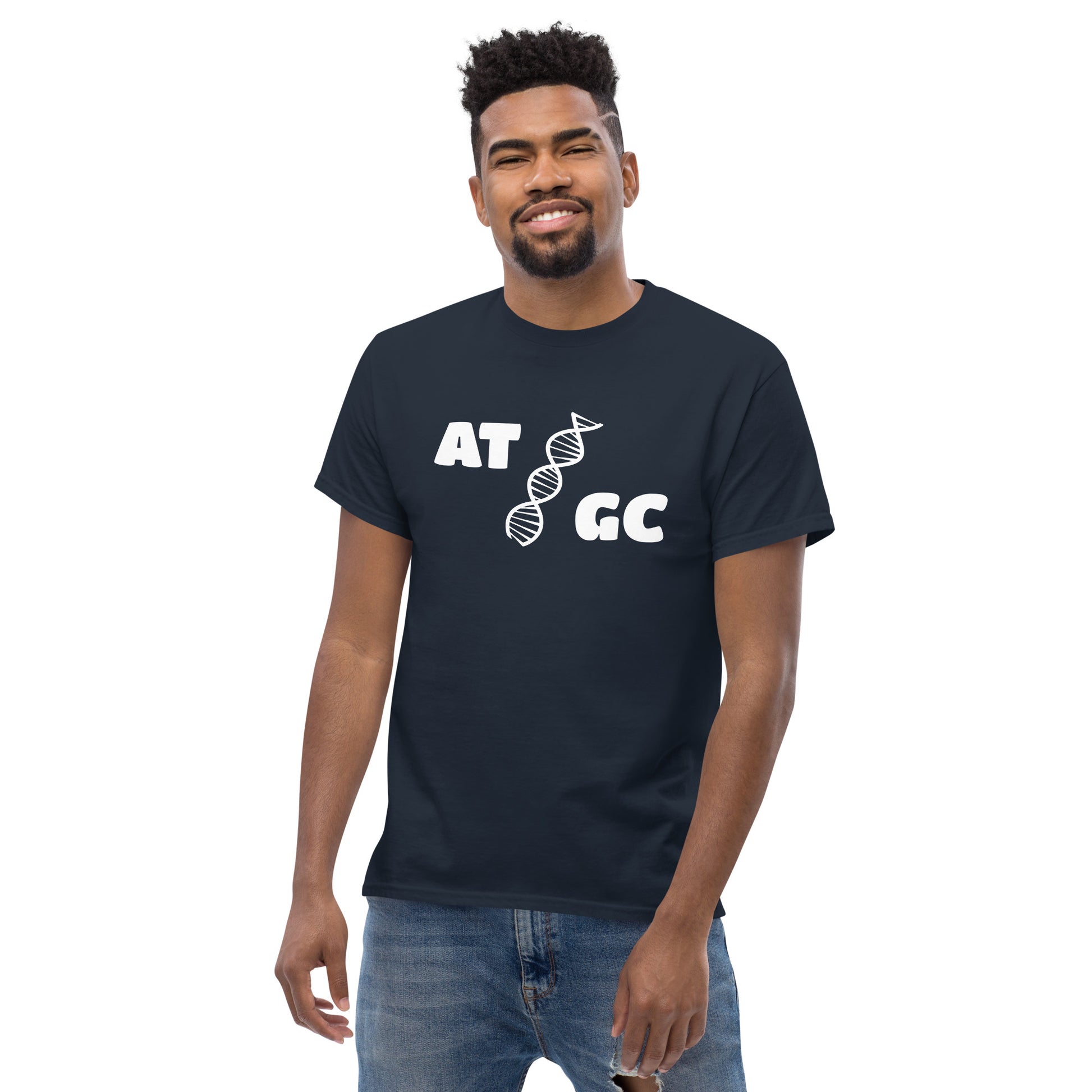 Men with navy blue t-shirt with image of a DNA string and the text "ATGC"