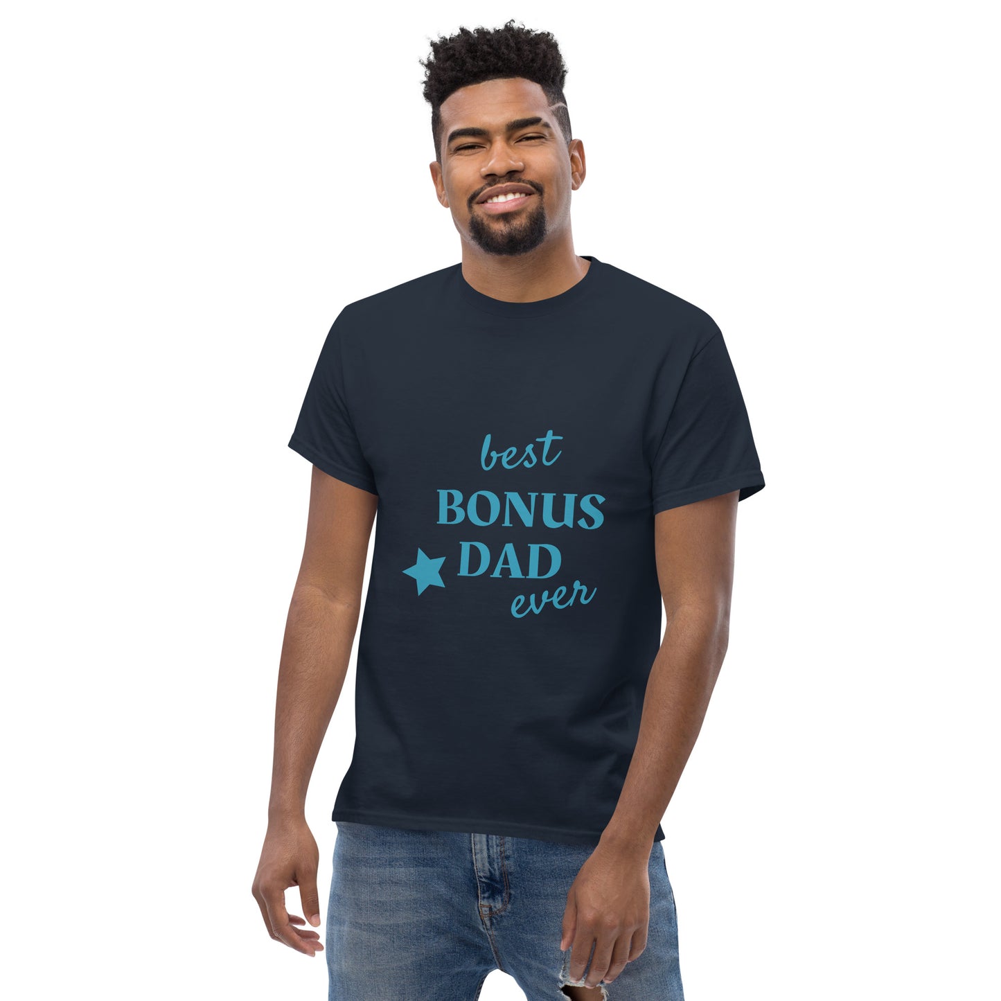 Men with navy t-shirt with text "best BONUS DAD ever"
