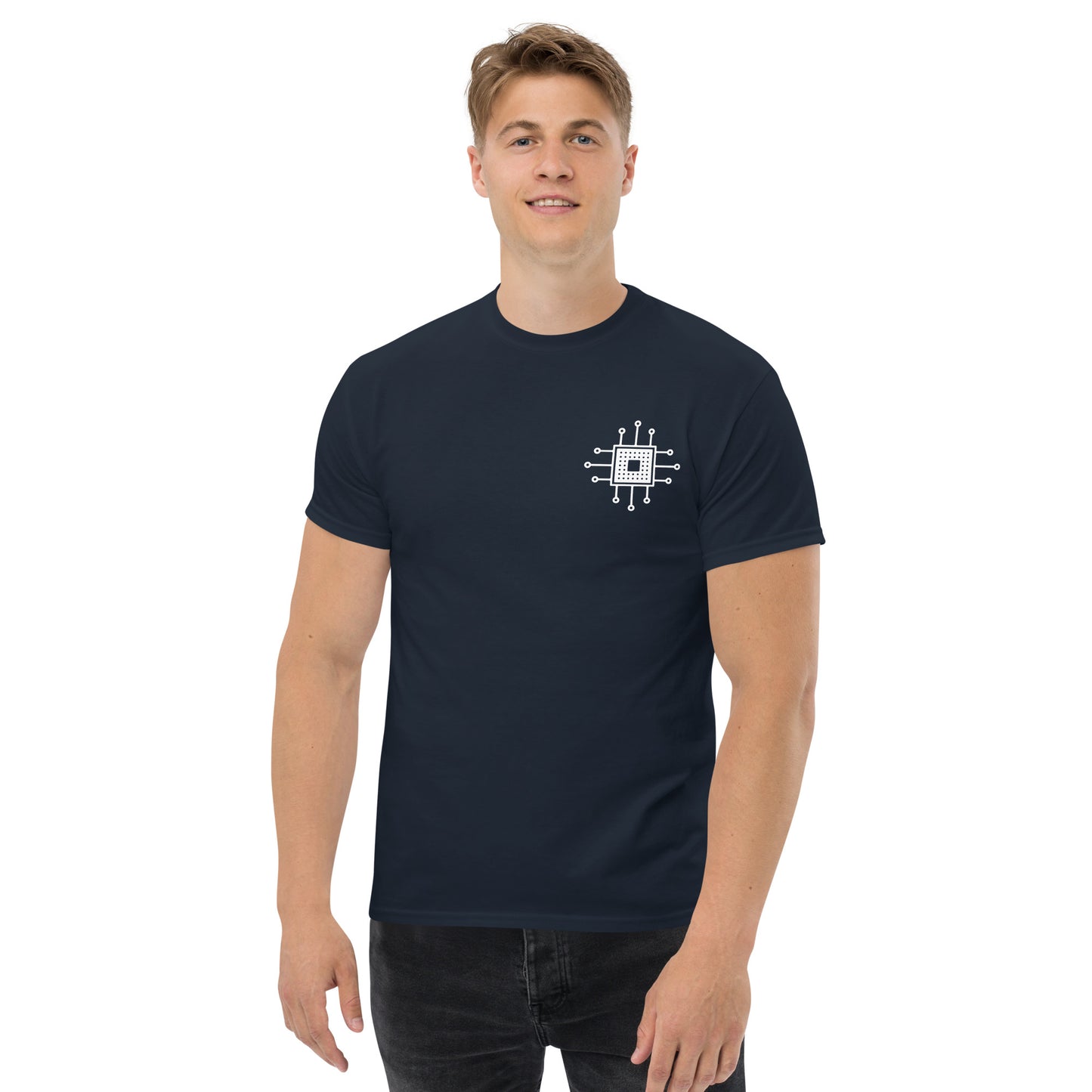 Men with navy T-shirt with the picture CPU