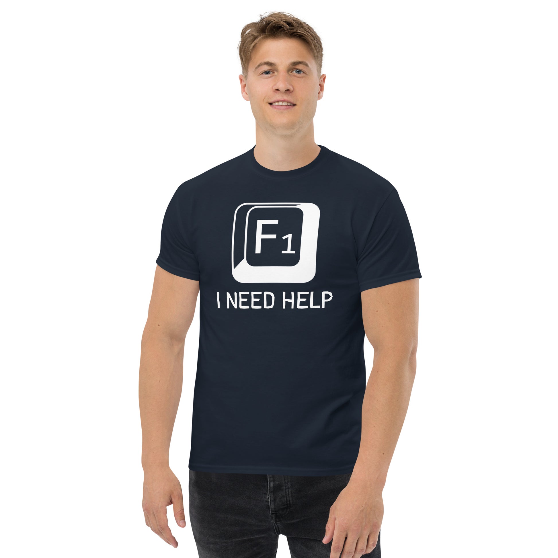 Men with navy T-shirt and a picture of F1 key with text "I need help"