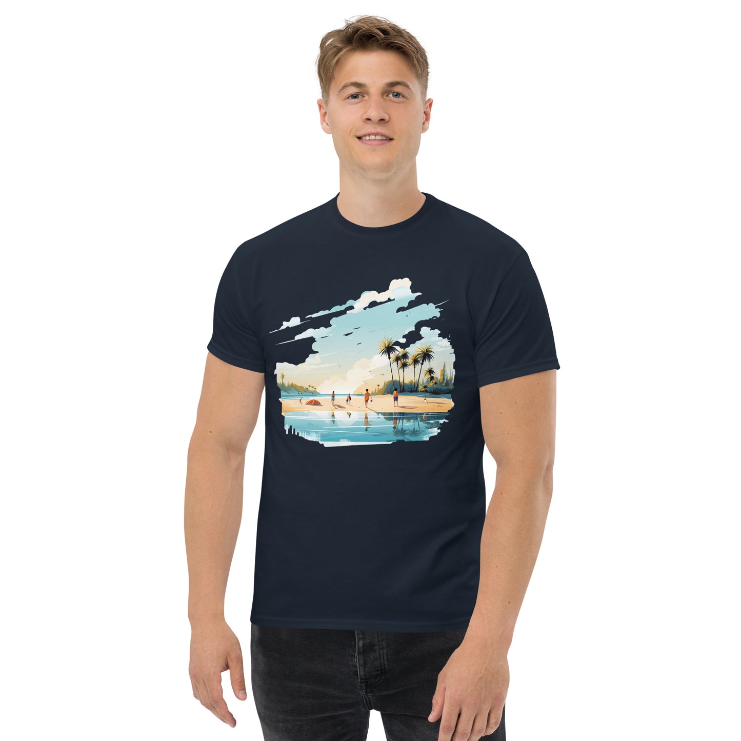 Men with navy T-shirt and a picture of a island with sea and sand