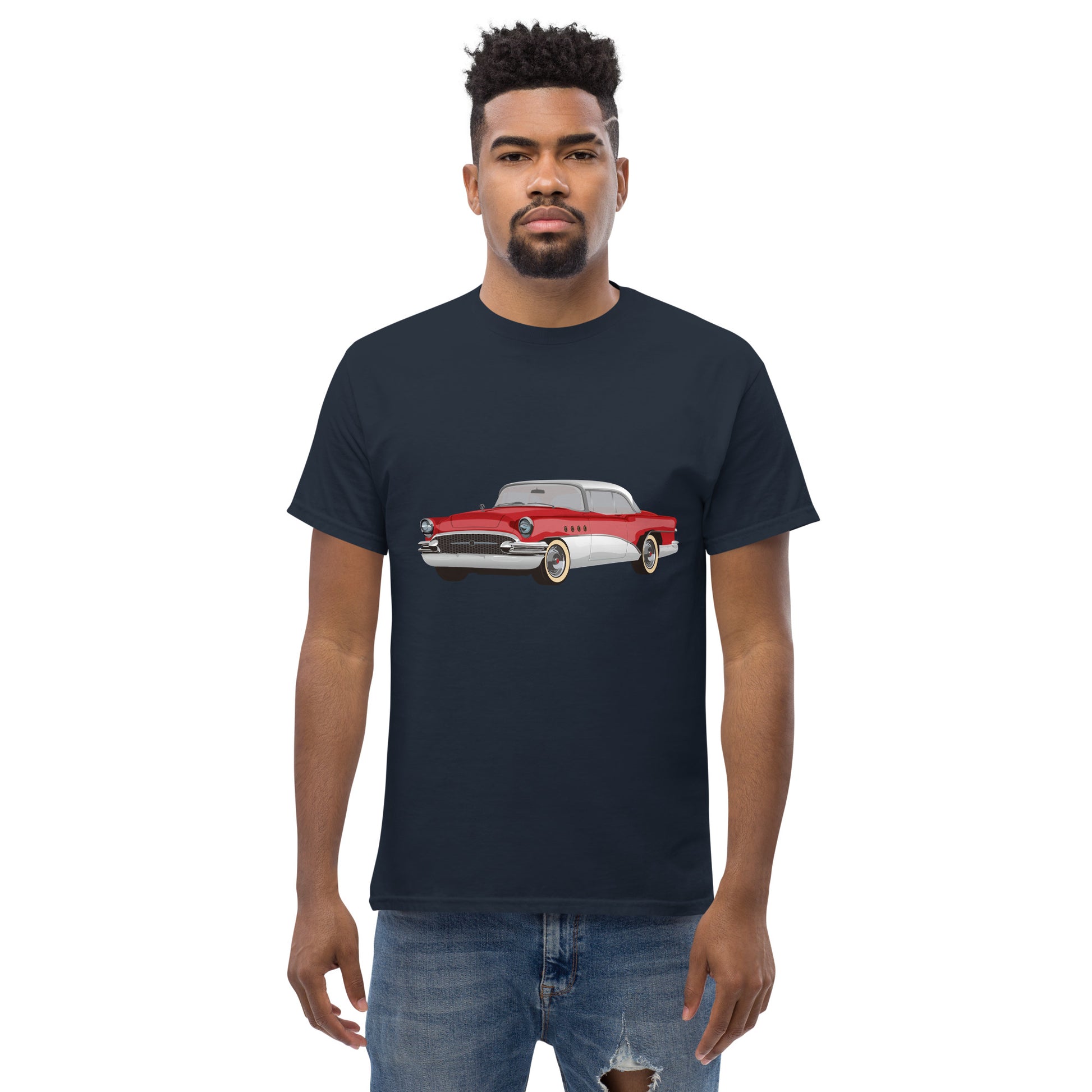 Men with navy blue t-shirt with red Chevrolet 