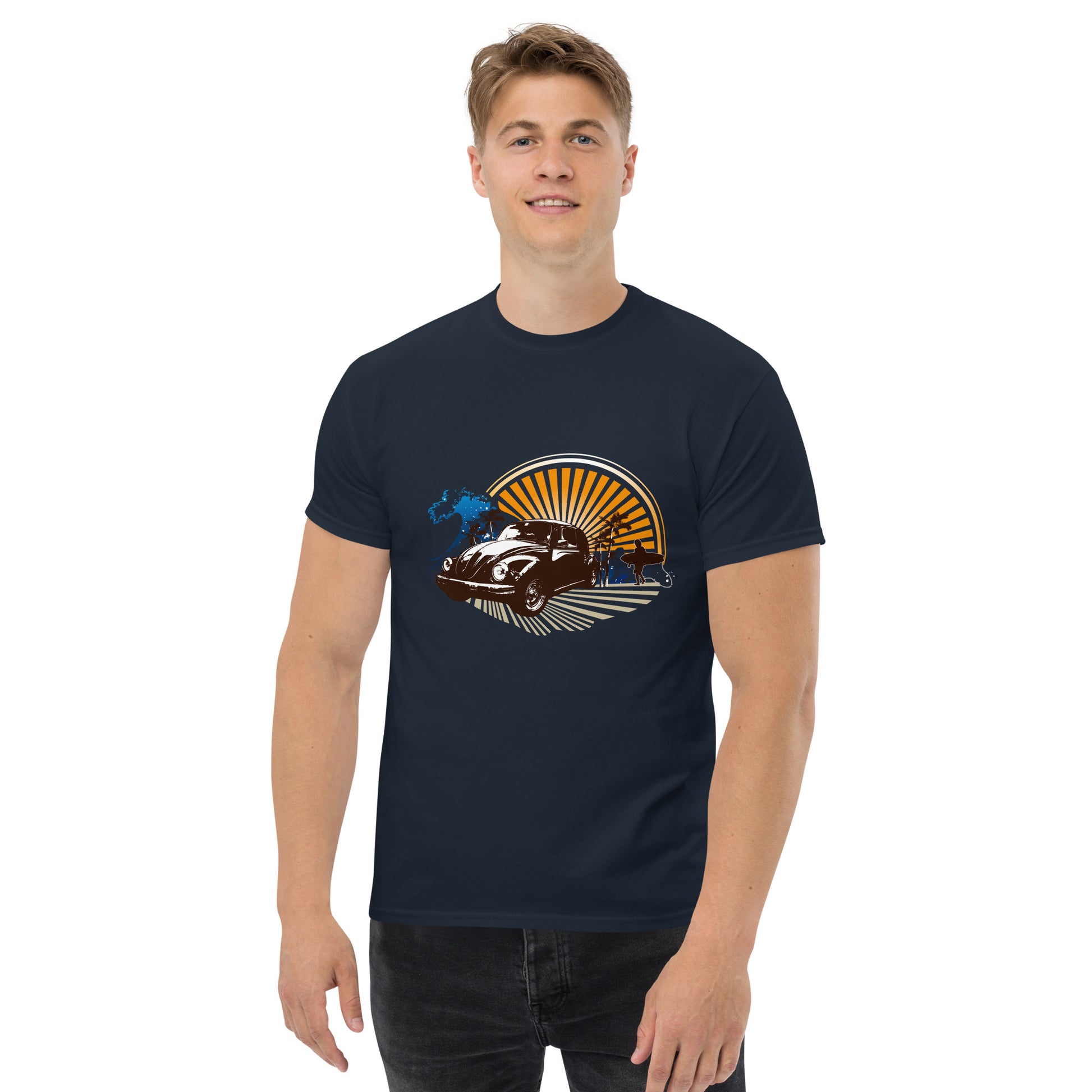 Men with navy blue t-shirt with sunset and beetle car