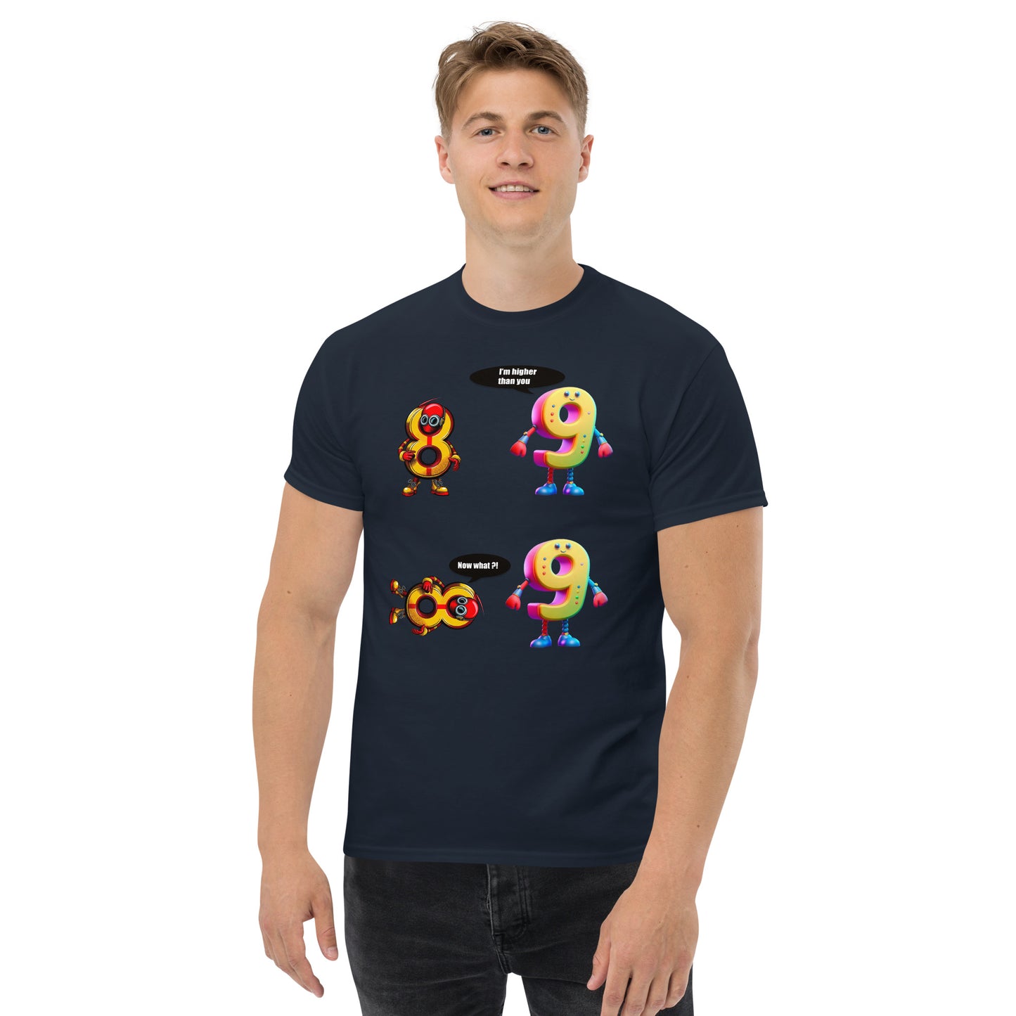 Man with navy blue t-shirt with picture of 8 and 9 having a discussion