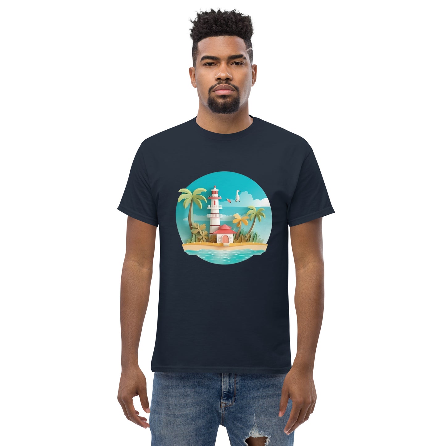 Man with navy blue t-shirt with picture of lighthouse and palm trees