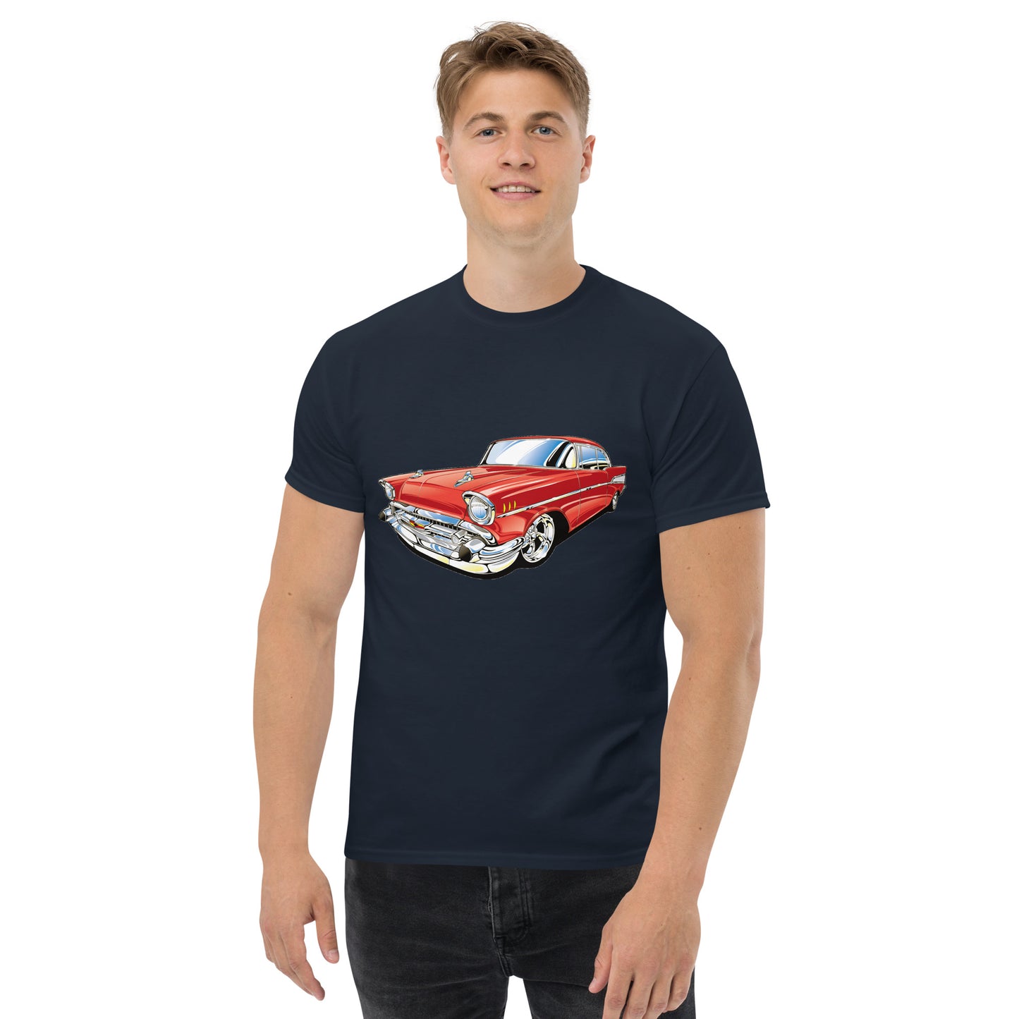man with navy blue t-shirt with picture of red Chevrolet Bell air  