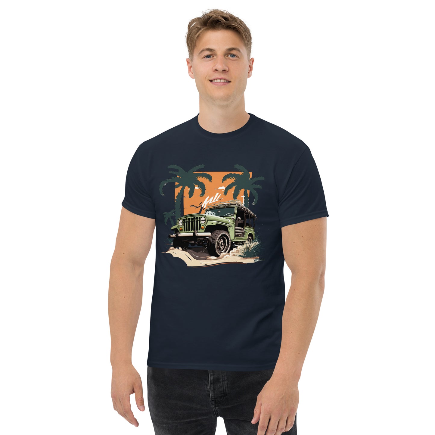 man with navy blue t-shirt with picture of jeep in front of palm trees