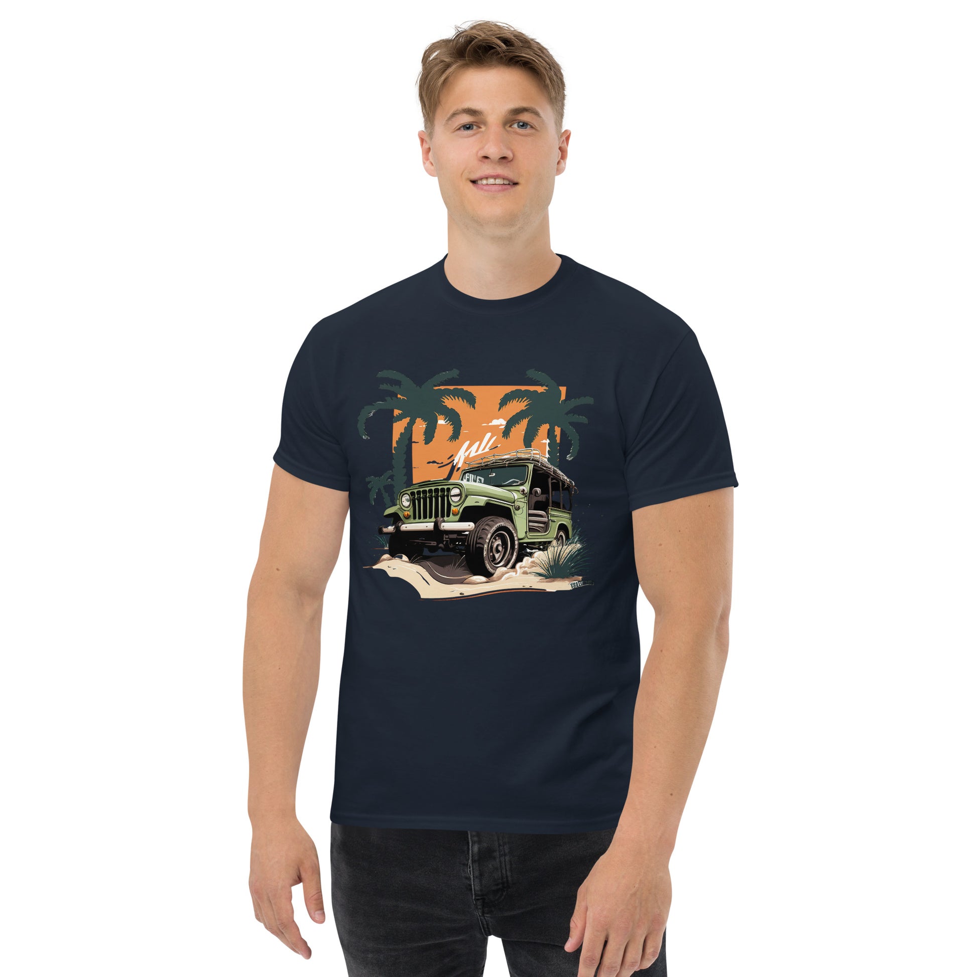 man with navy blue t-shirt with picture of jeep in front of palm trees 