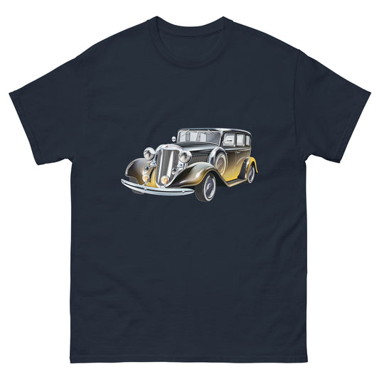 navy blue t-shirt with picture of vintage car