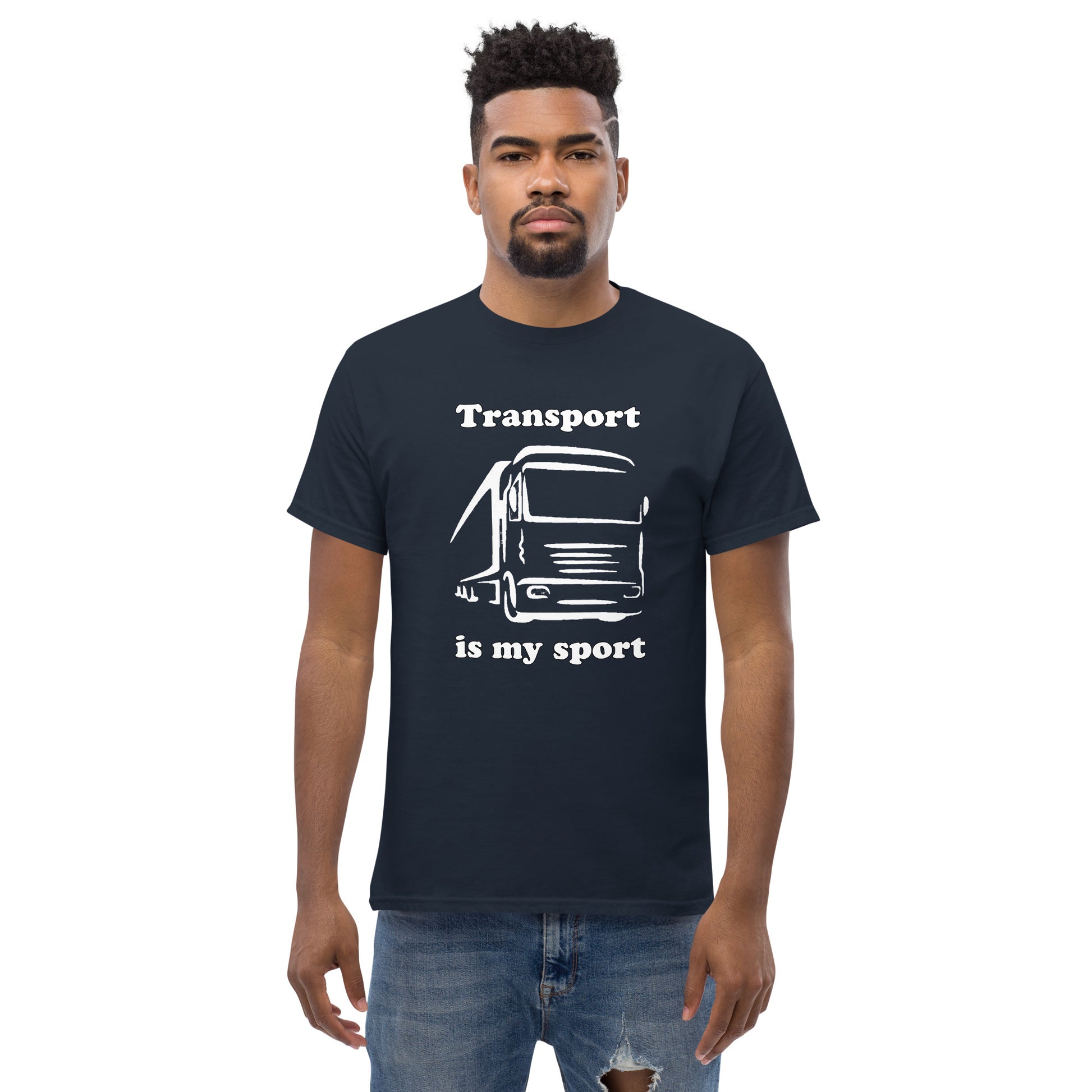 Man with navy blue t-shirt with picture of truck and text "Transport is my sport"