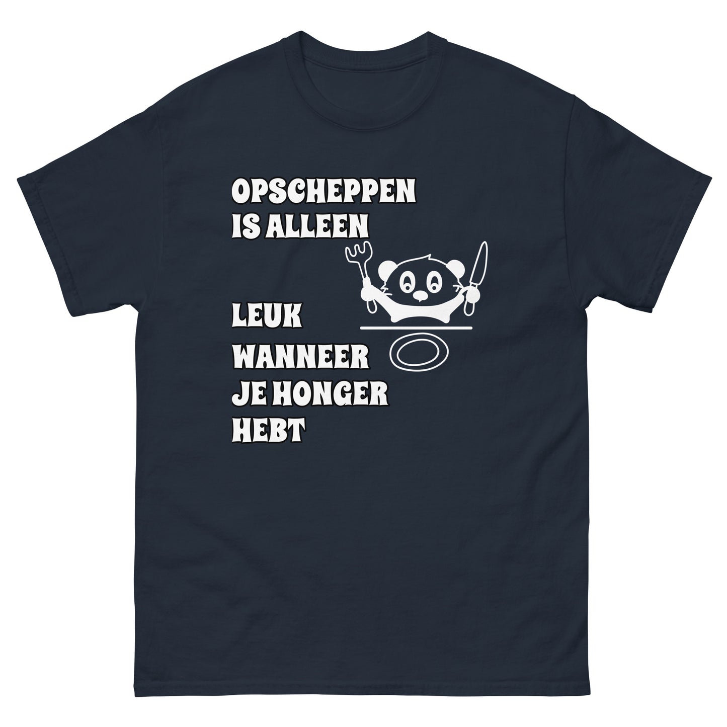 donker blauwe T-shirt met tekst “opscheppen is alleen leuk wanneer je honger hebt”