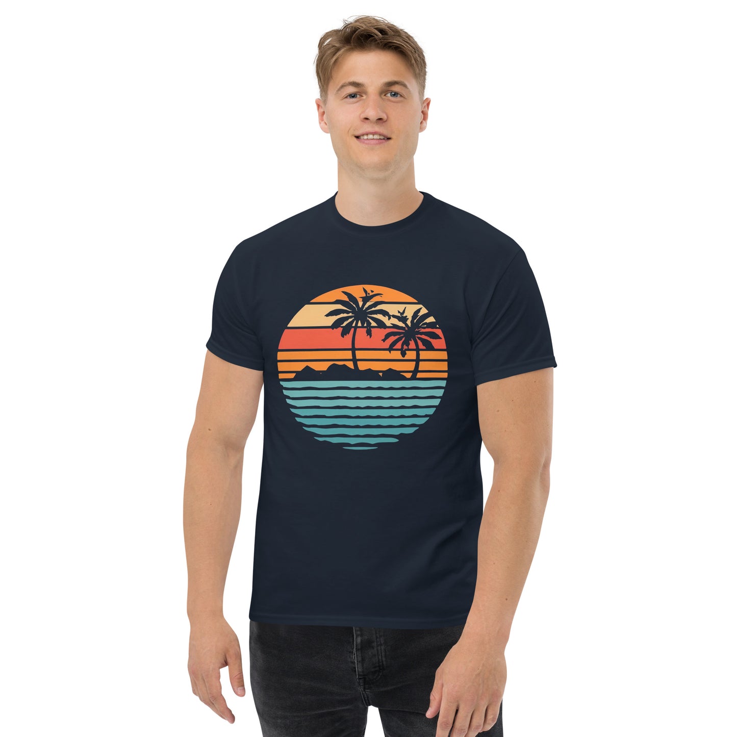 Men with navy T-shirt and a retro Island