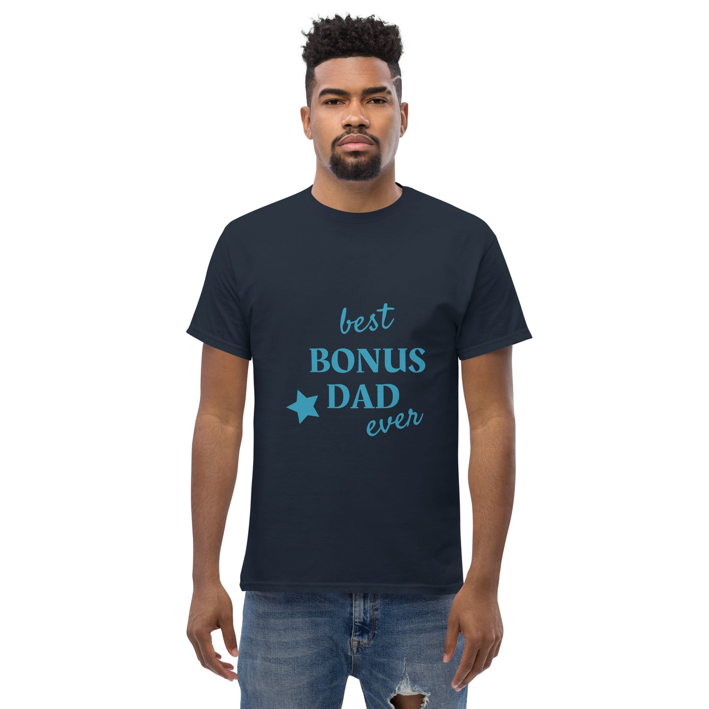 Men with navy t-shirt with text "best BONUS DAD ever"