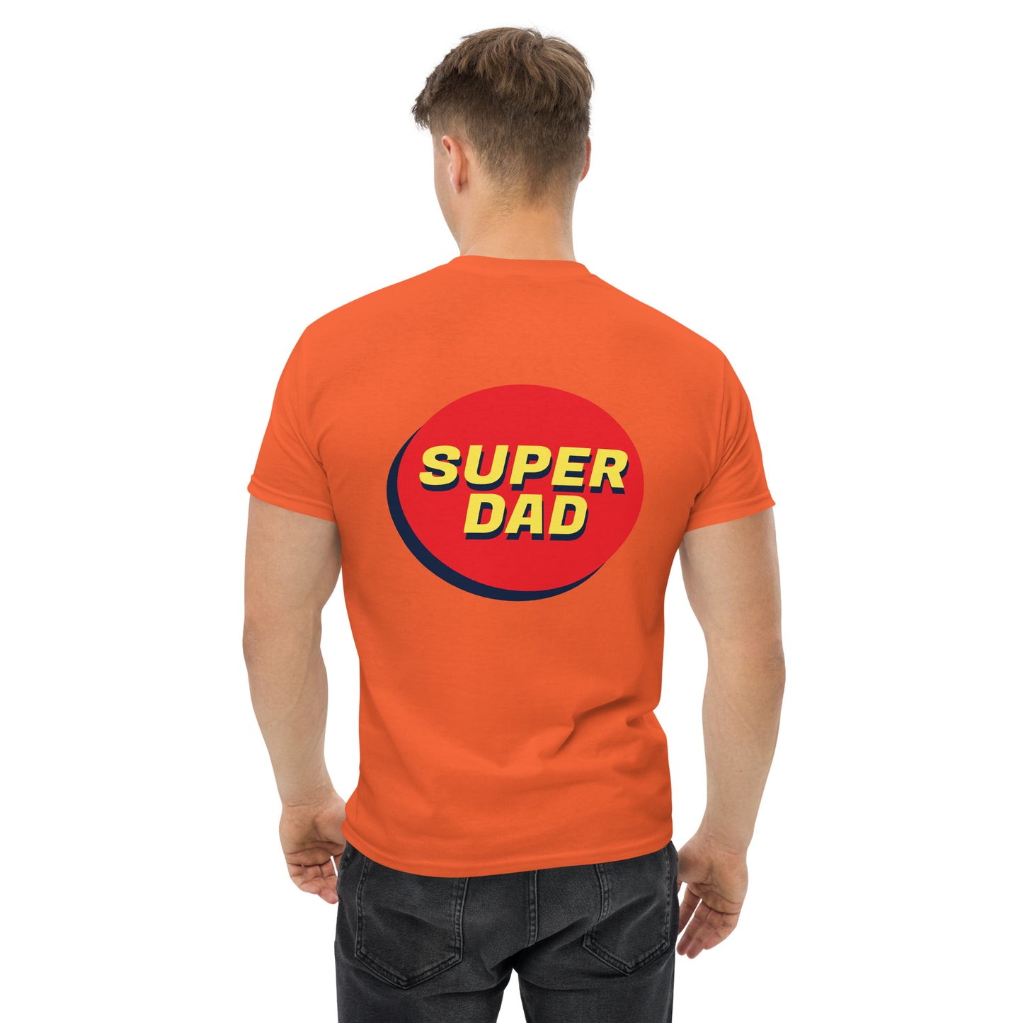Men with orange T-shirt and Super dad on the back