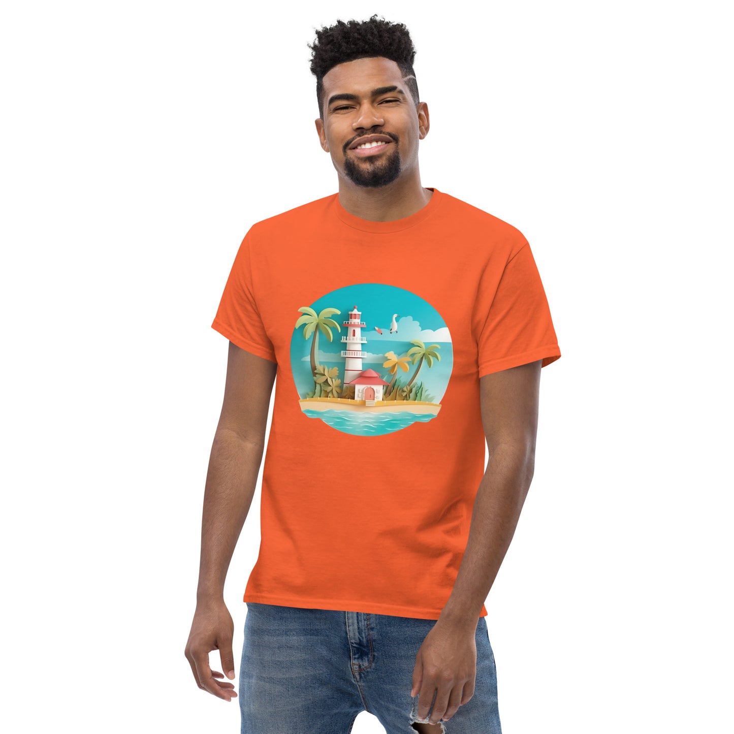 Man with orange t-shirt with picture of lighthouse and palm trees