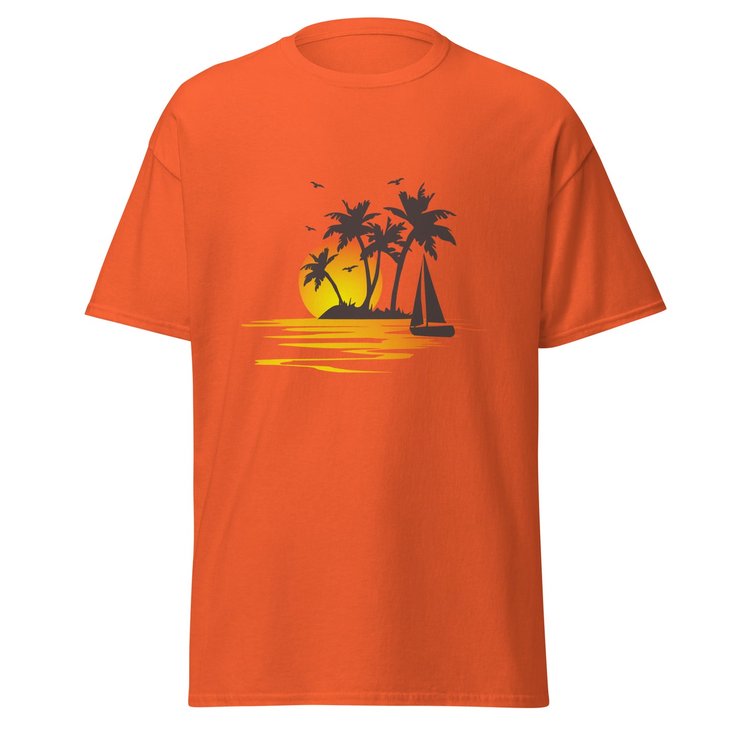 Orange T-shirt for men with a picture of sunset, palm trees and sailboat