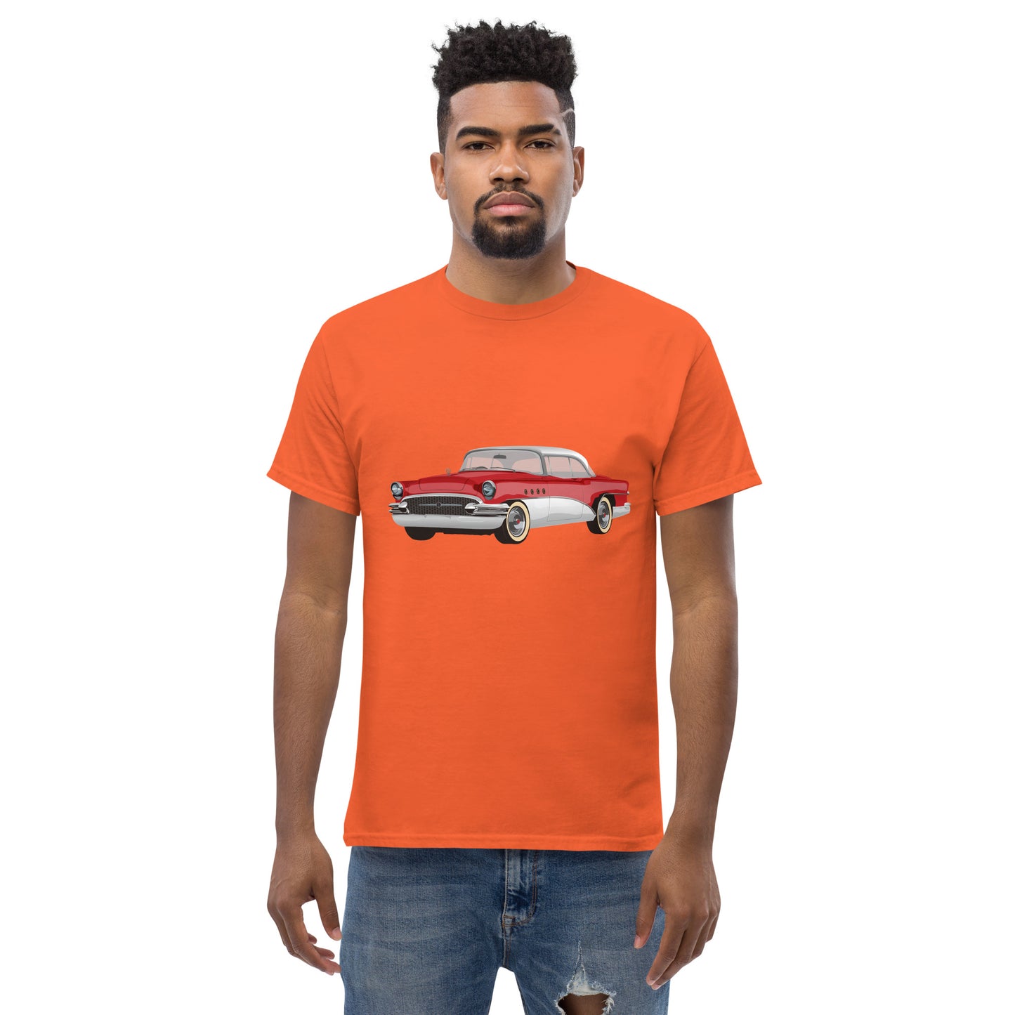 Men with orange t-shirt with red Chevrolet