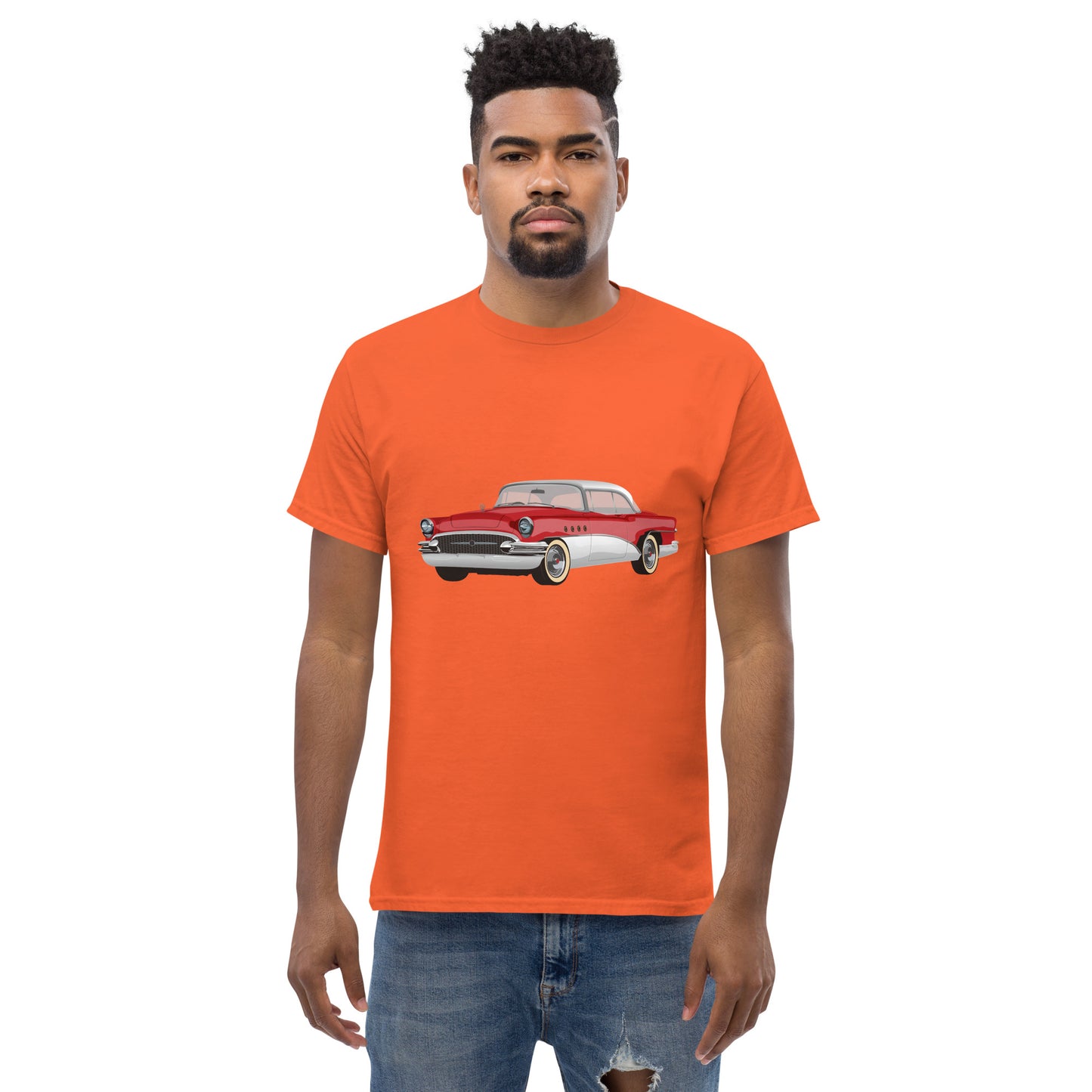 Men with orange t-shirt with red Chevrolet 