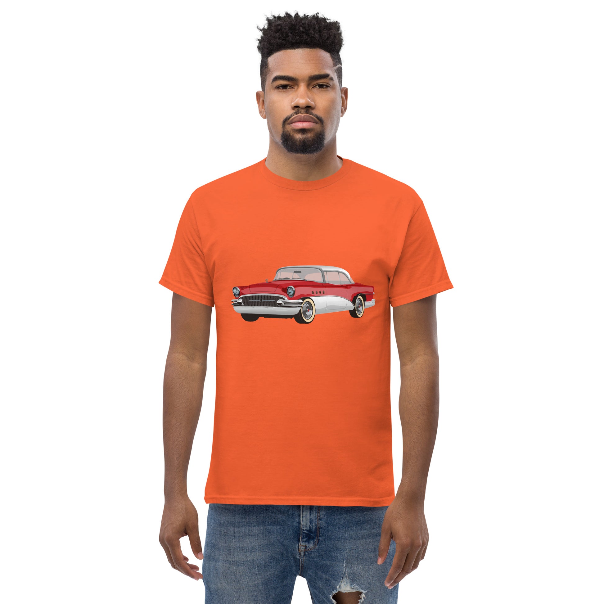 Men with orange t-shirt with red Chevrolet 