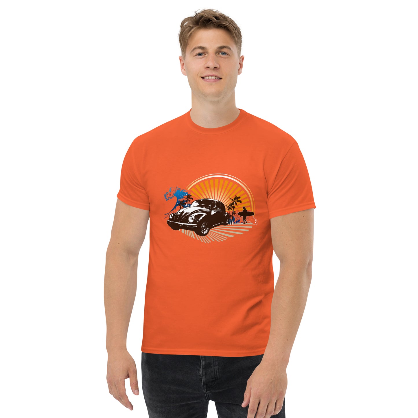 Men with orange t-shirt with sunset and beetle car