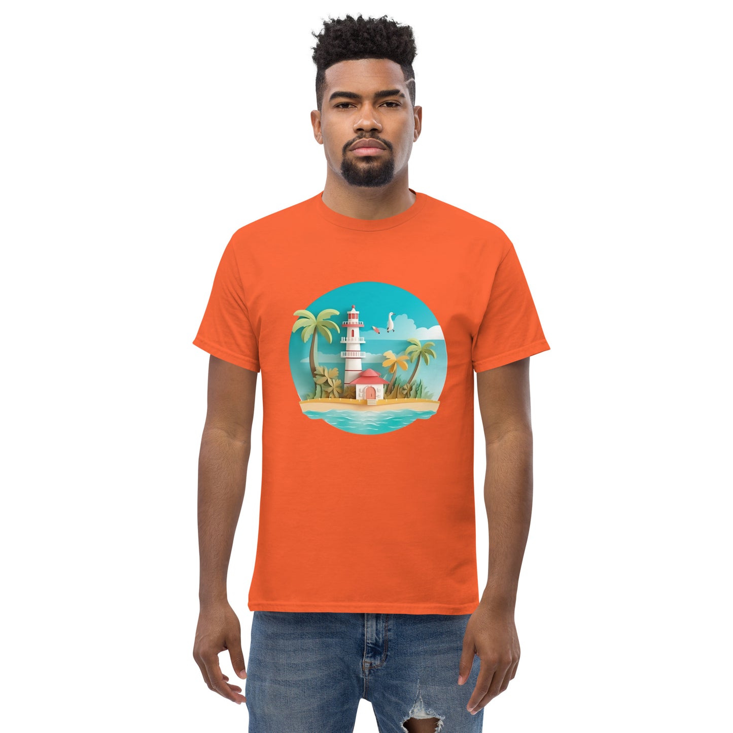 Man with orange t-shirt with picture of lighthouse and palm trees