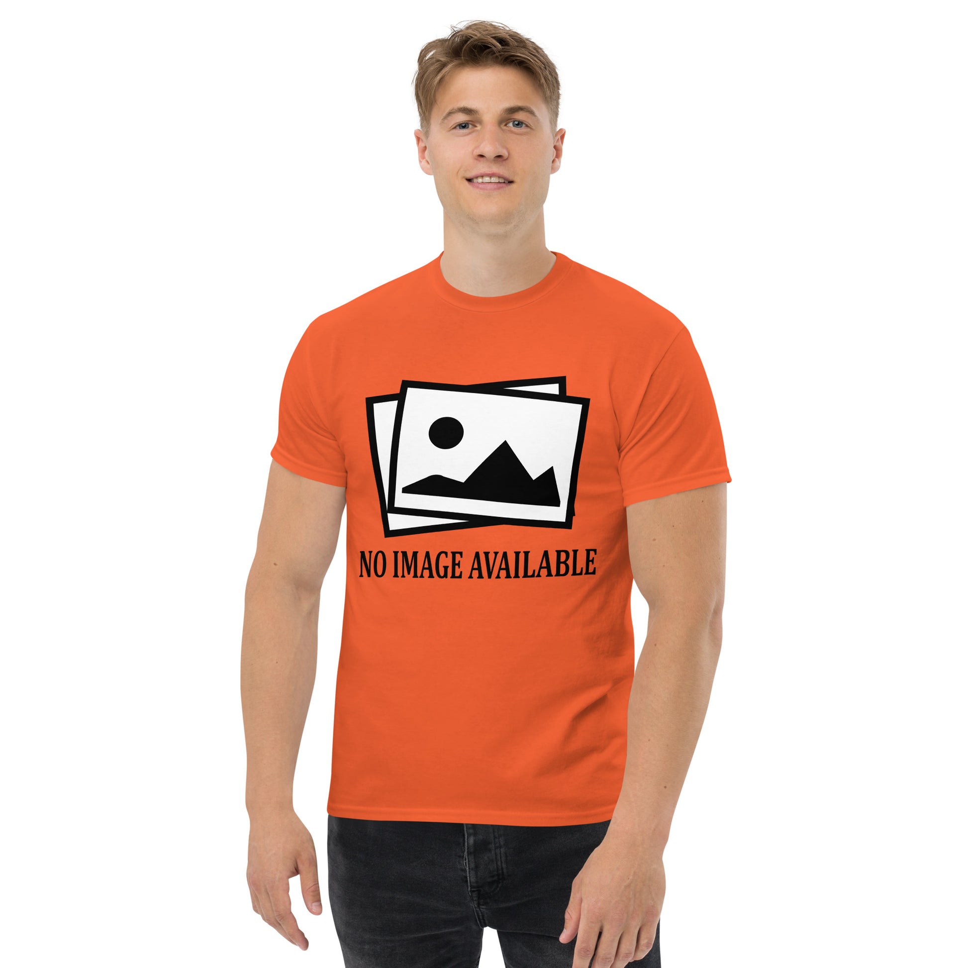 Men with orange t-shirt with image and text "no image available"