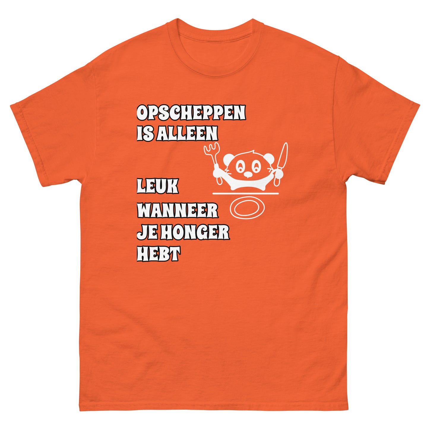 oranje T-shirt met tekst “opscheppen is alleen leuk wanneer je honger hebt”