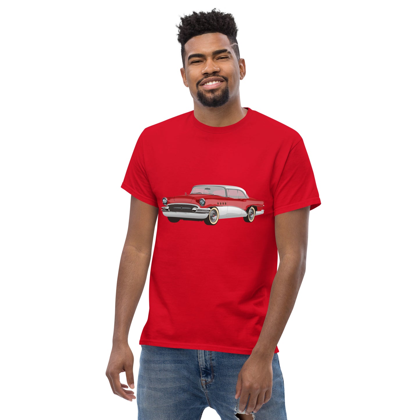 Men with red t-shirt with red Chevrolet