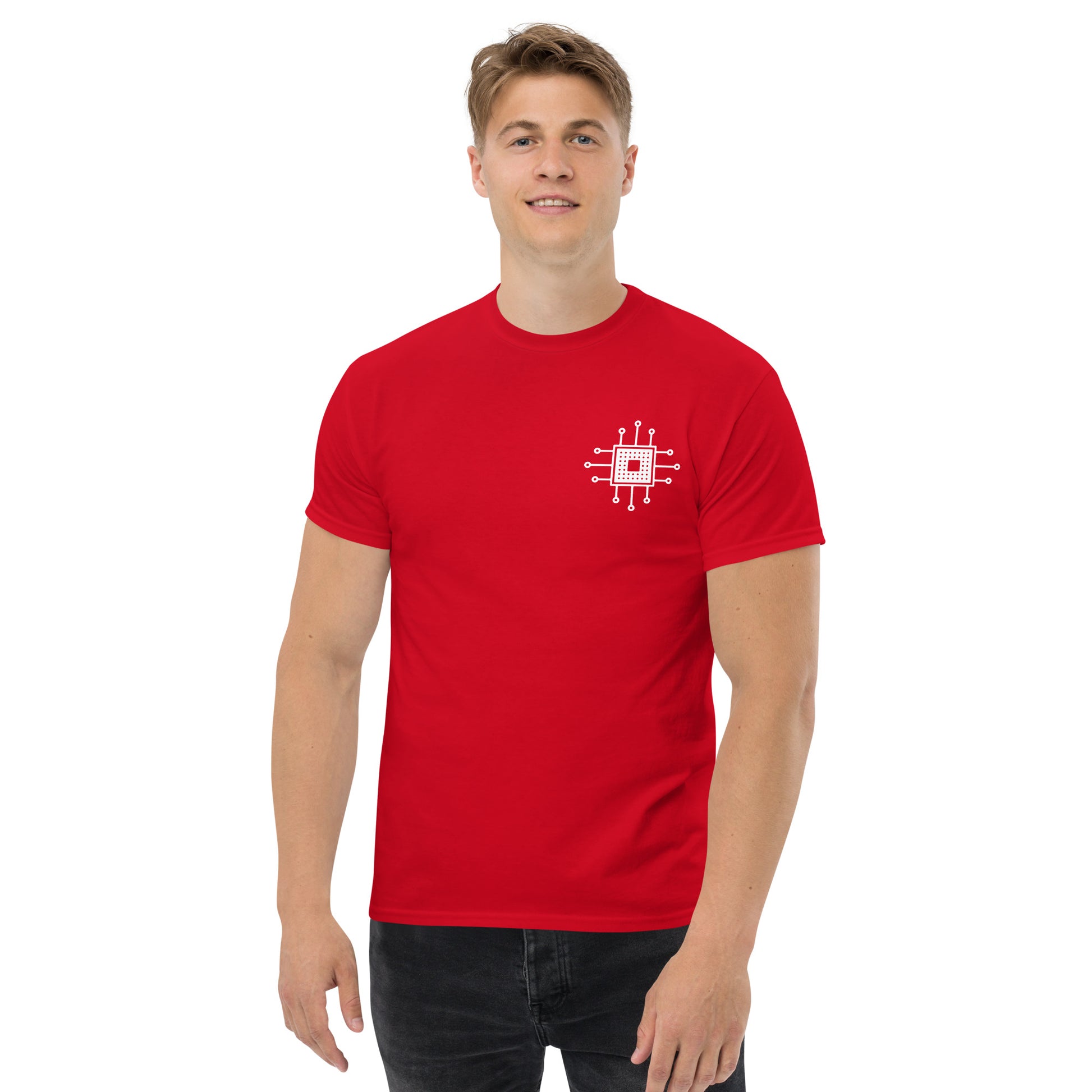 Men with red T-shirt with the picture CPU 