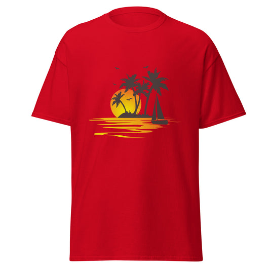 Red T-shirt for men with a picture of sunset, palm trees and sailboat