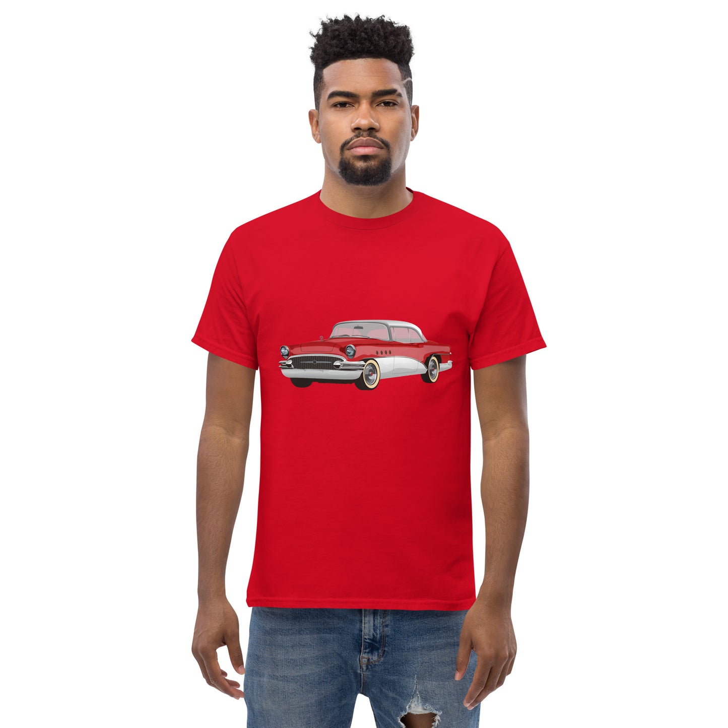 Men with red t-shirt with red Chevrolet