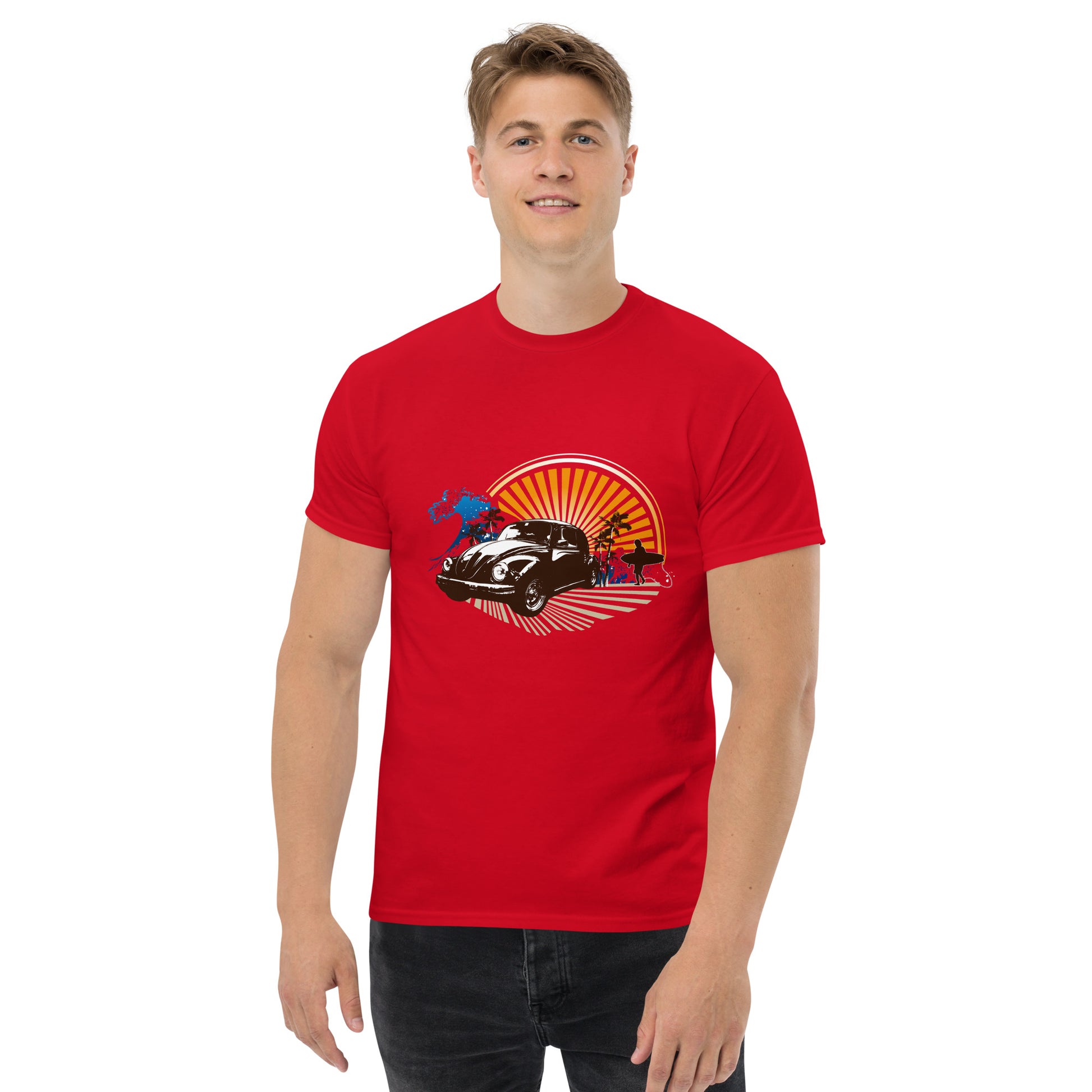 Men with red t-shirt with sunset and beetle car