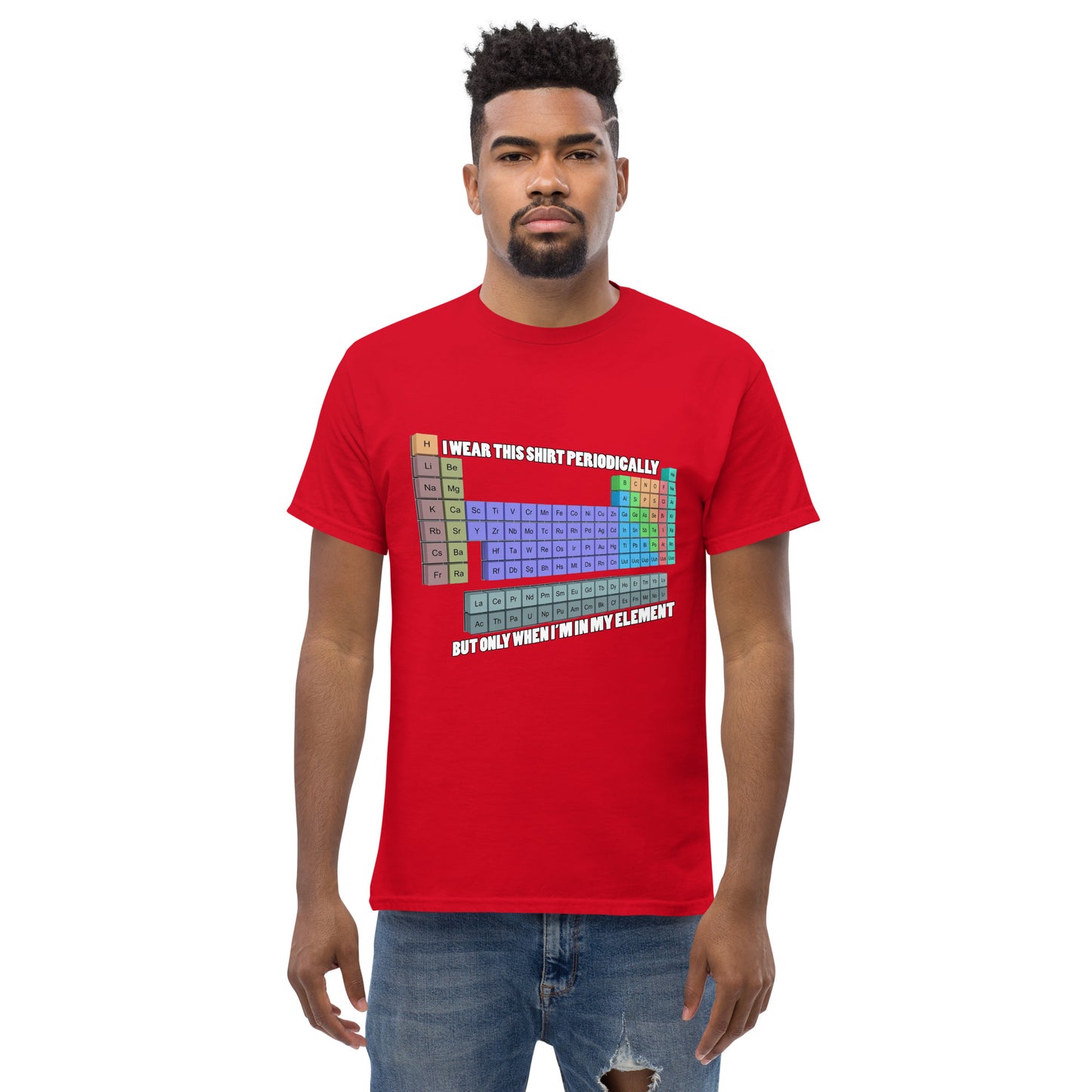 Man with red t-shirt with Mendelev's table