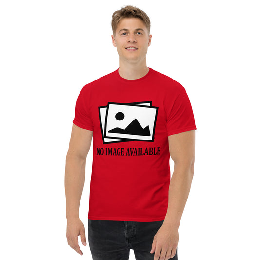 Men with red t-shirt with image and text "no image available"