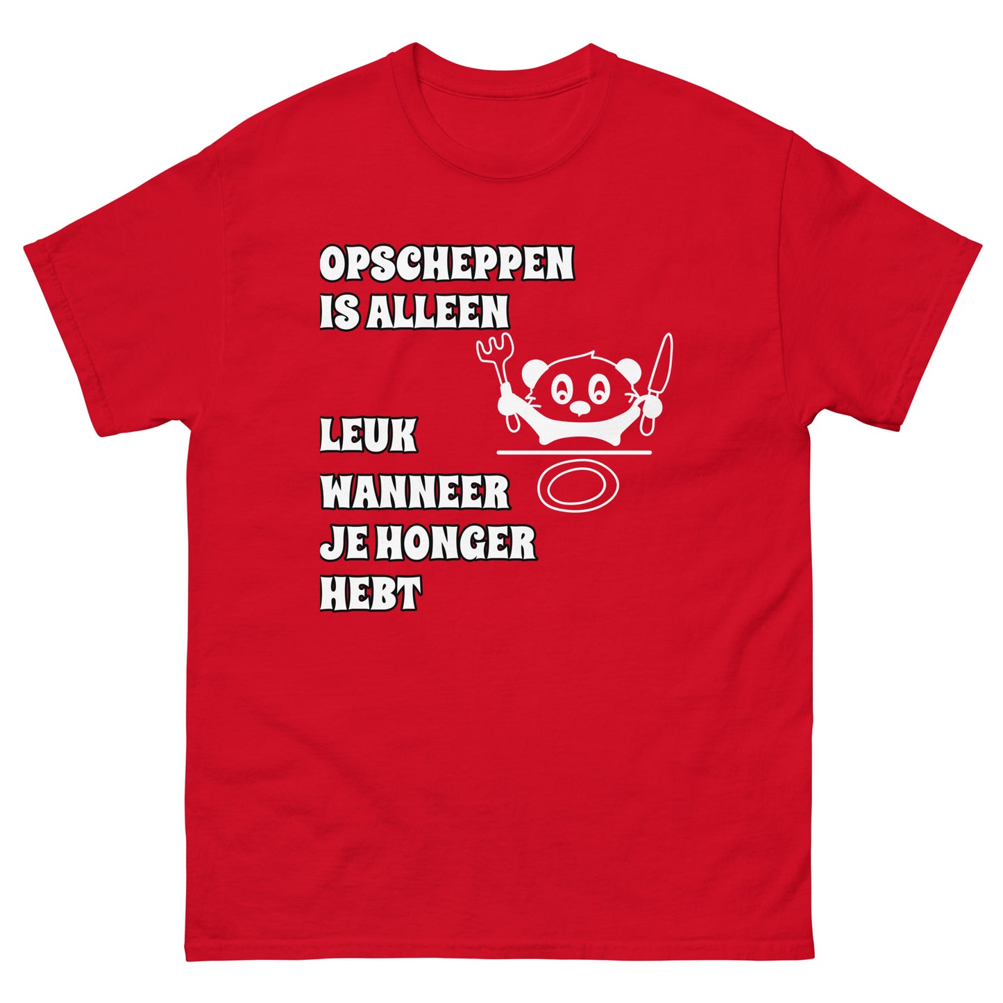 rode T-shirt met tekst “opscheppen is alleen leuk wanneer je honger hebt”