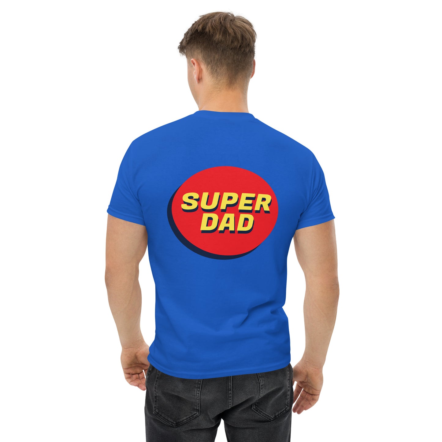 Men with royal blue T-shirt and Super dad on the back