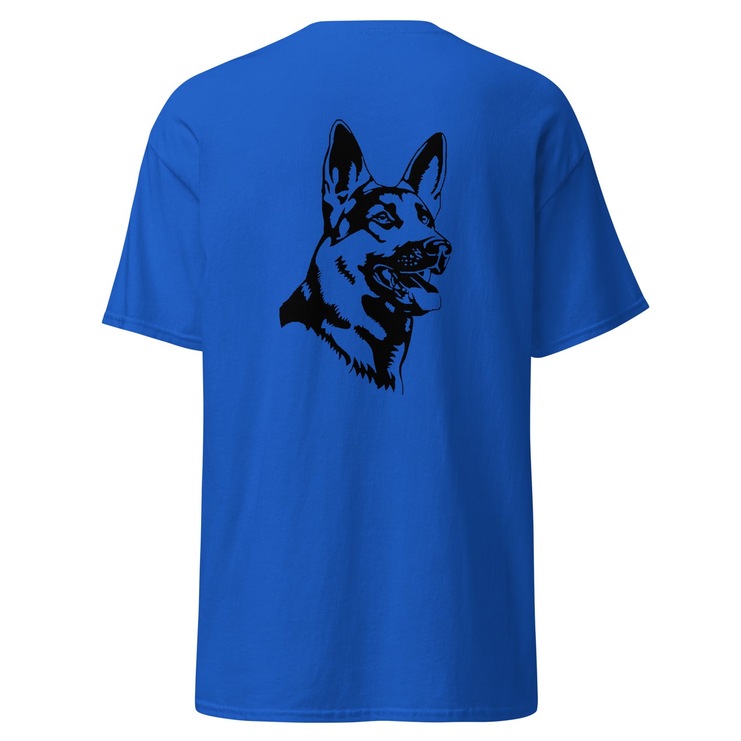 royal blue shirt with German shepherd