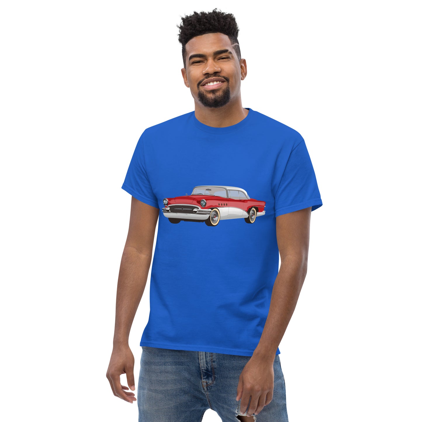 Men with royal blue t-shirt with red Chevrolet