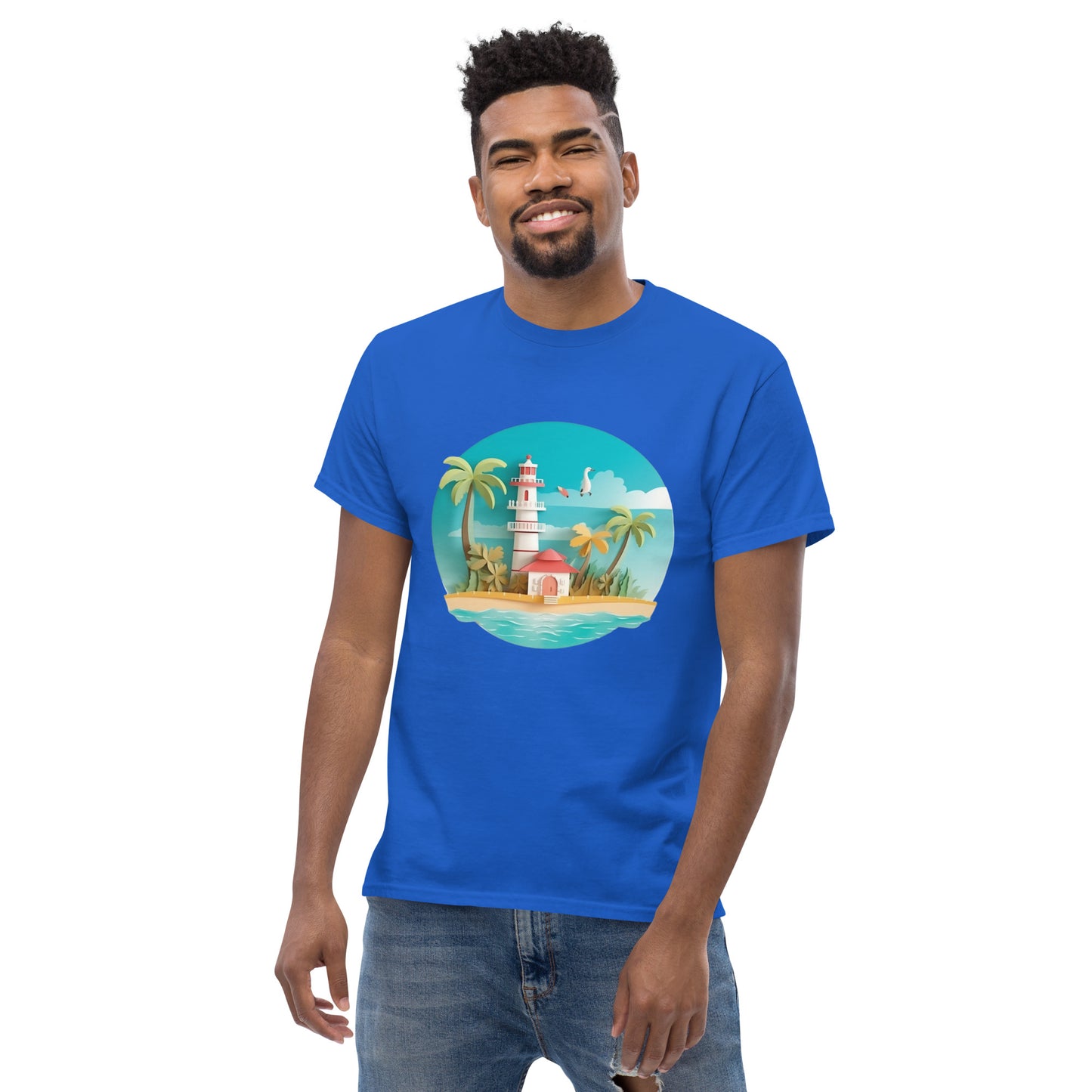 Man with royal blue t-shirt with picture of lighthouse and palm trees