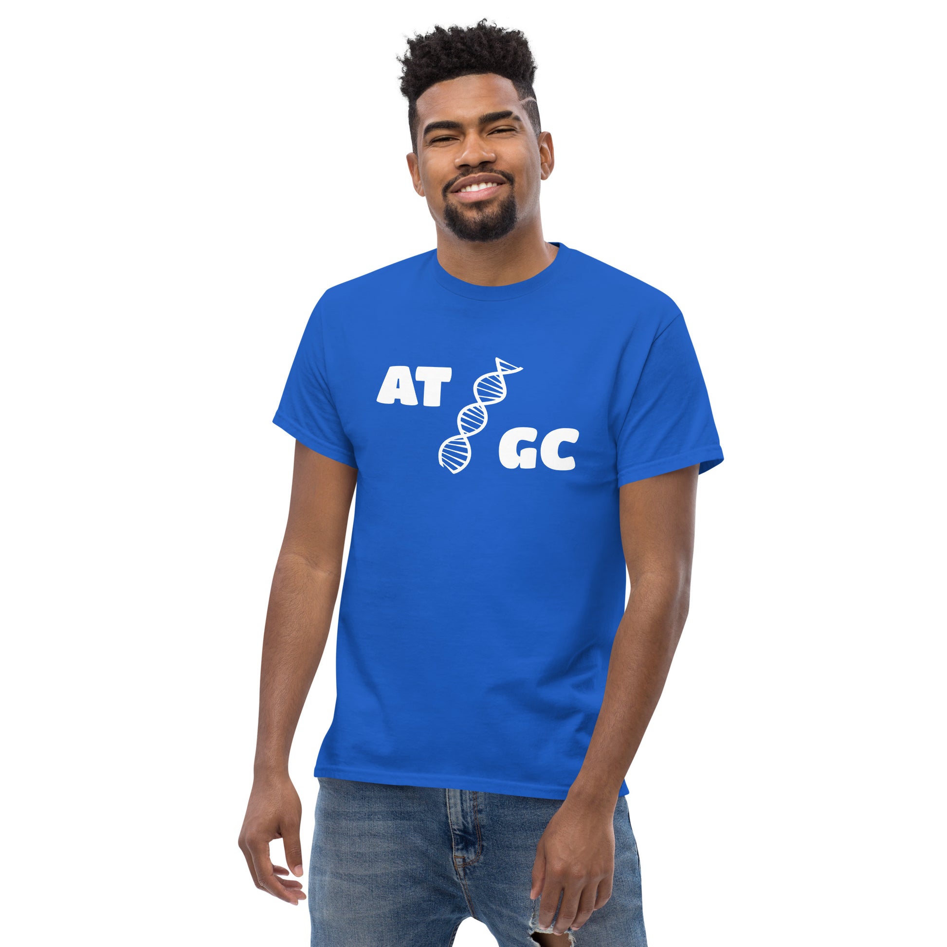 Men with royal blue t-shirt with image of a DNA string and the text "ATGC"