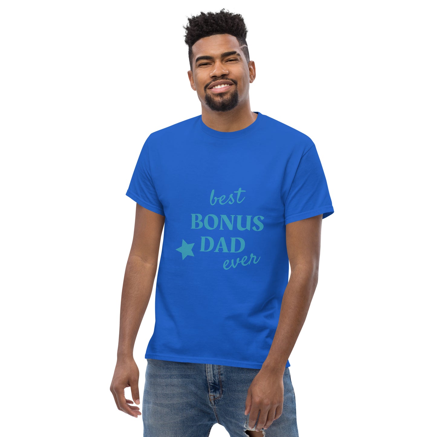 Men with royal blue t-shirt with text "best BONUS DAD ever"