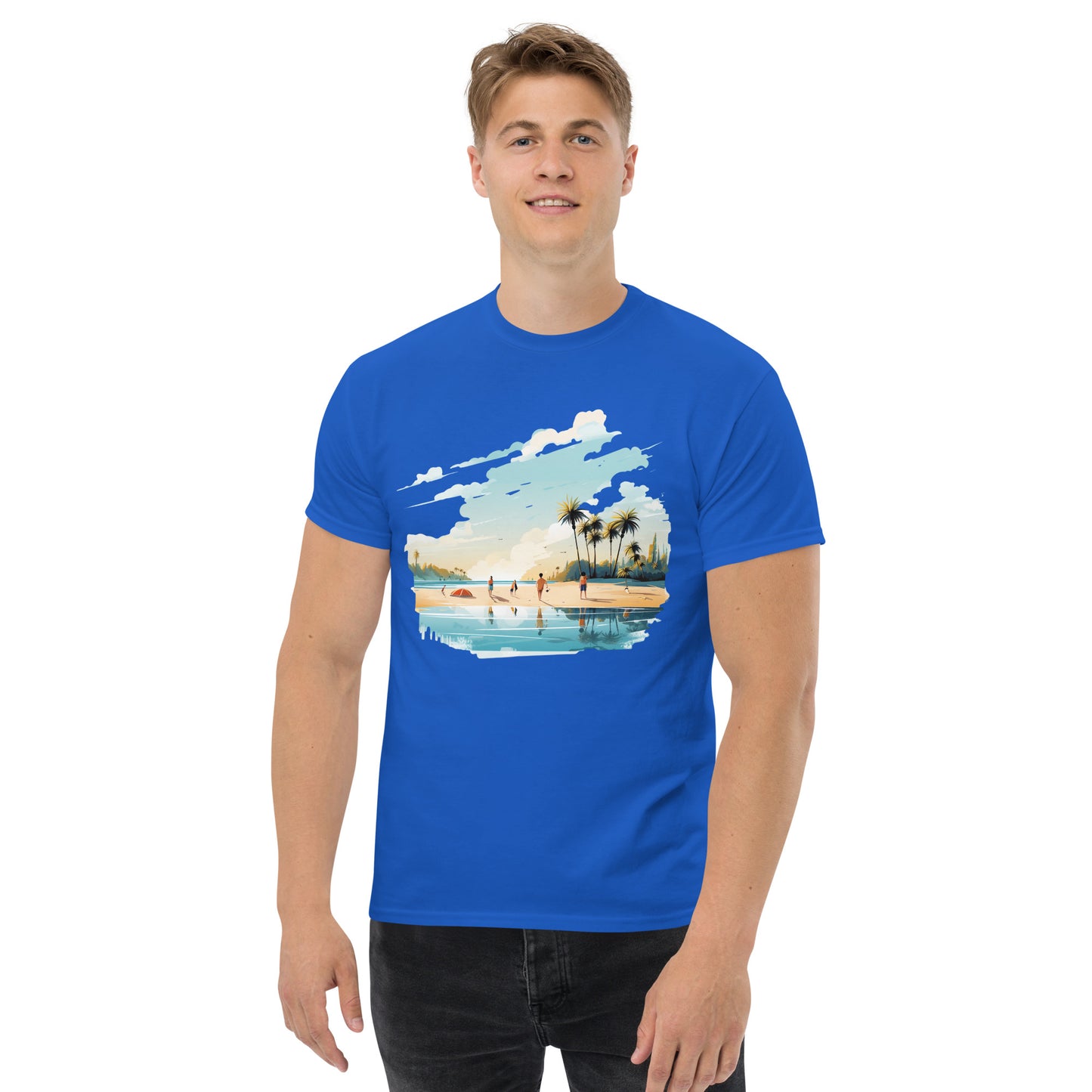 Men with royal blue T-shirt and a picture of a island with sea and sand
