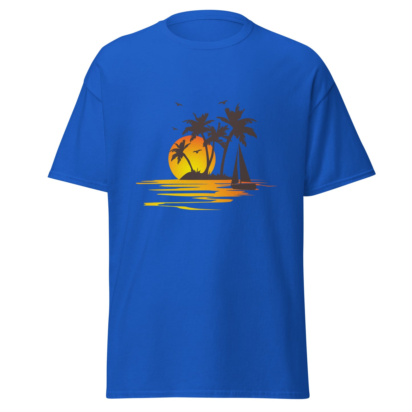 Royal blue T-shirt for men with a picture of sunset, palm trees and sailboat