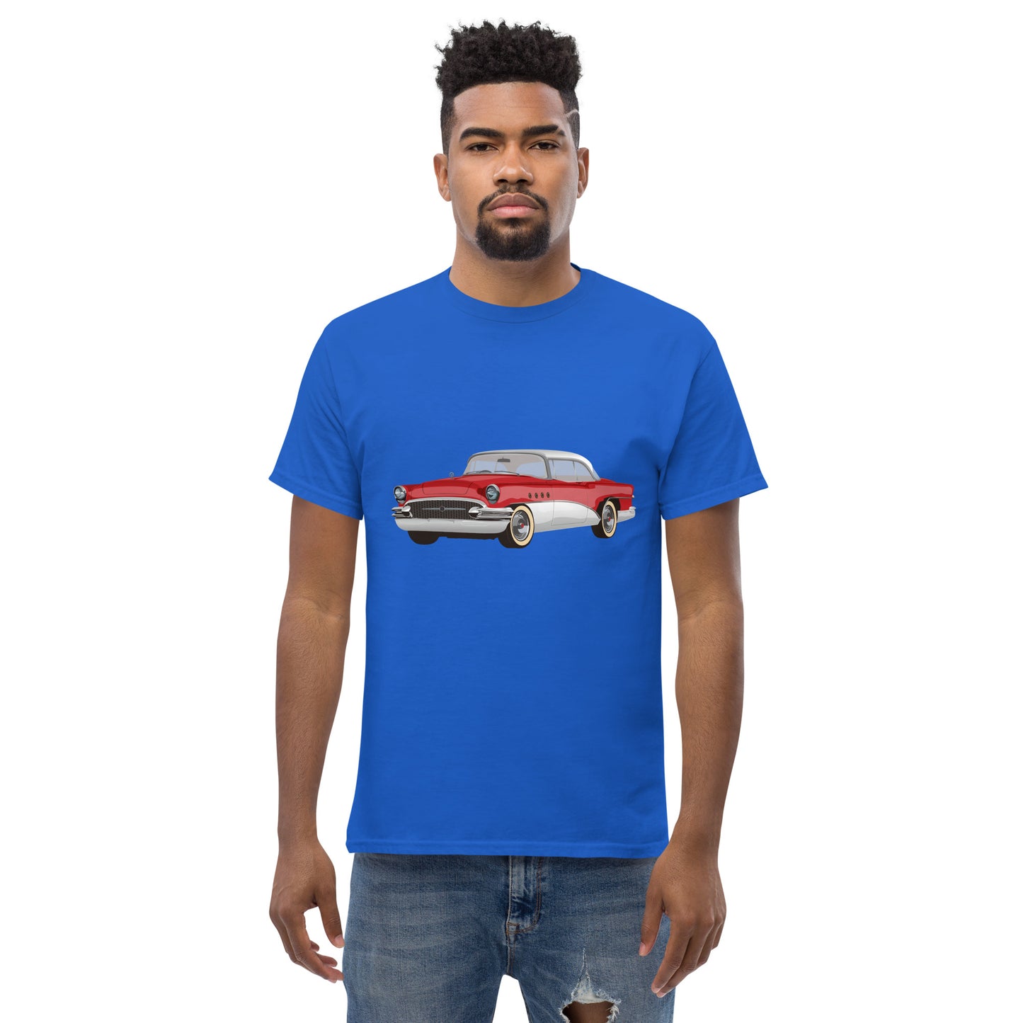 Men with royal blue t-shirt with red Chevrolet