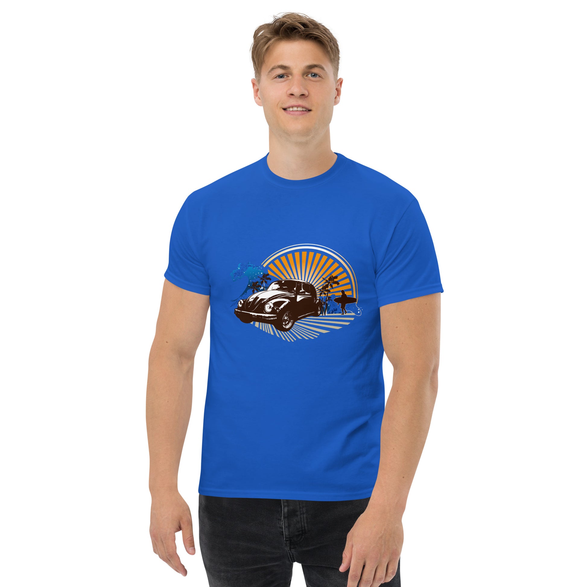 Men with royal blue t-shirt with sunset and beetle car